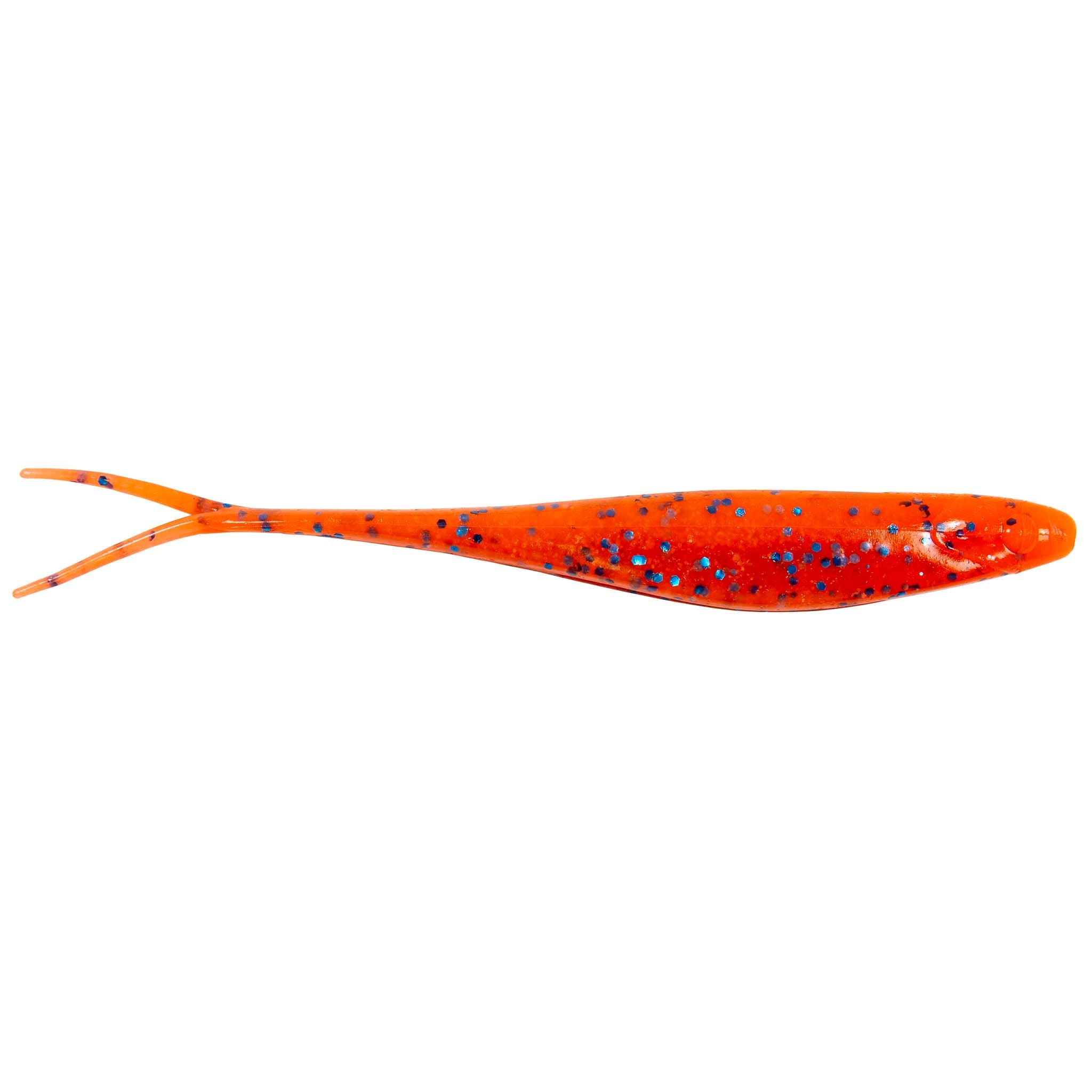 Scented jerk shad lure, bright orange with blue speckles and forked tail