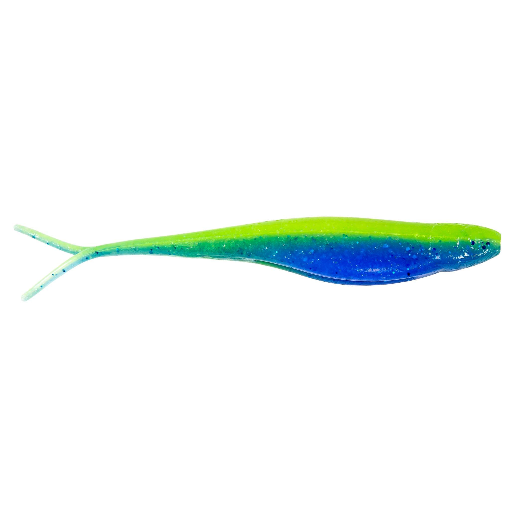 Scented jerk shad lure, neon green to blue gradient with forked tail