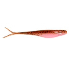 Scented jerk shad lure in pink and orange with dark speckles, twin tail