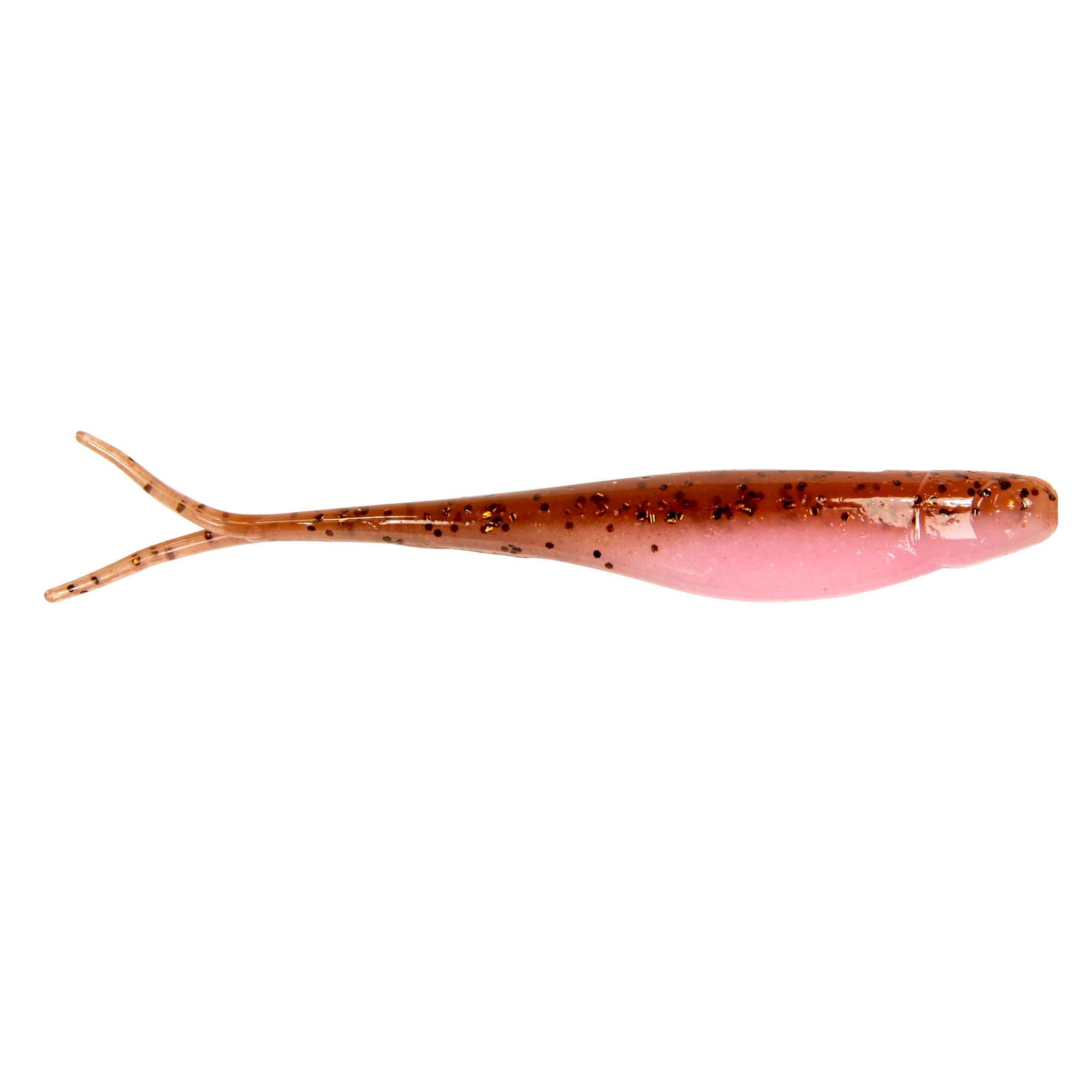 Scented jerk shad lure in pink and orange with dark speckles, twin tail