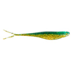 Scented jerk shad lure in teal-green with gold glitter sides, split tail