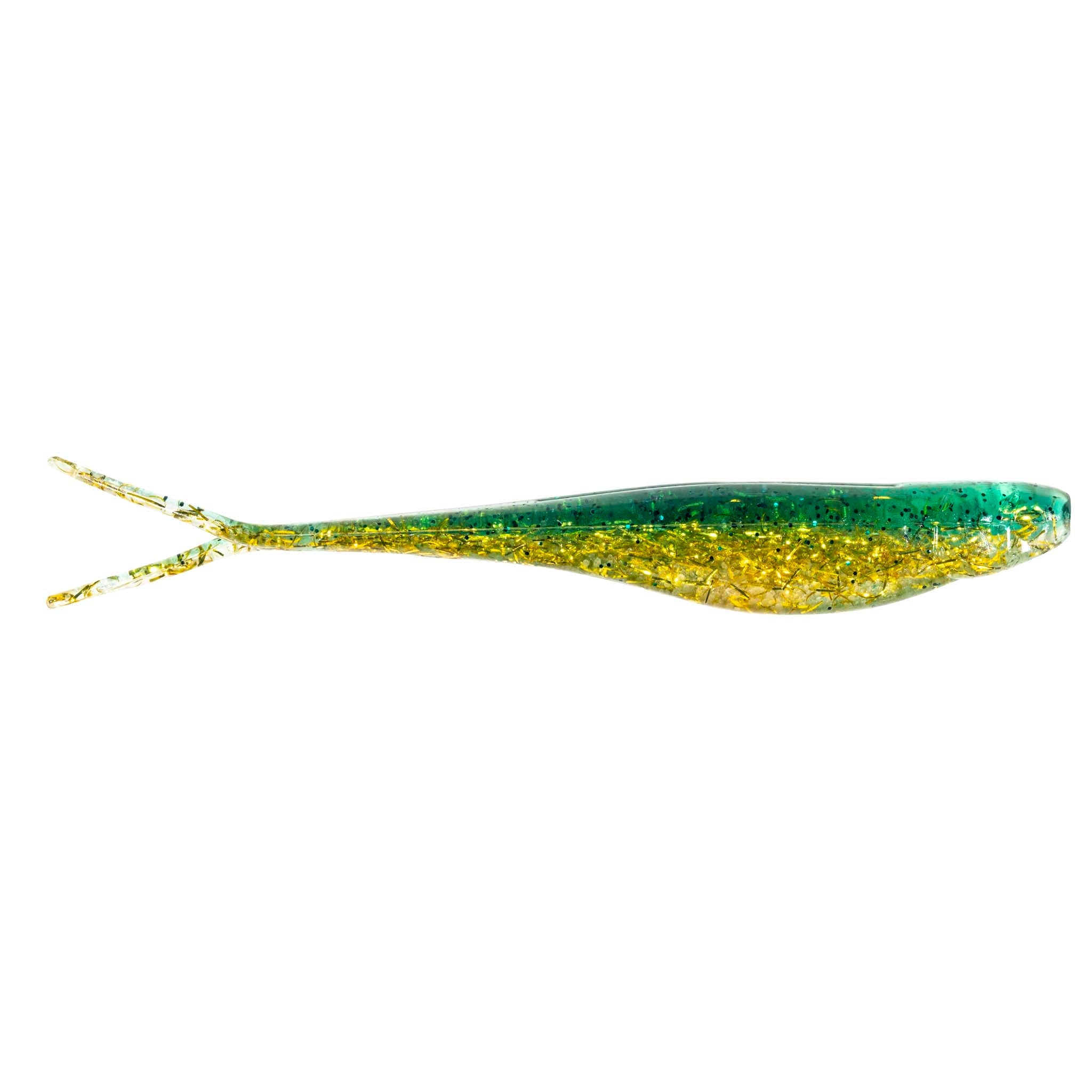 Scented jerk shad lure in teal-green with gold glitter sides, split tail