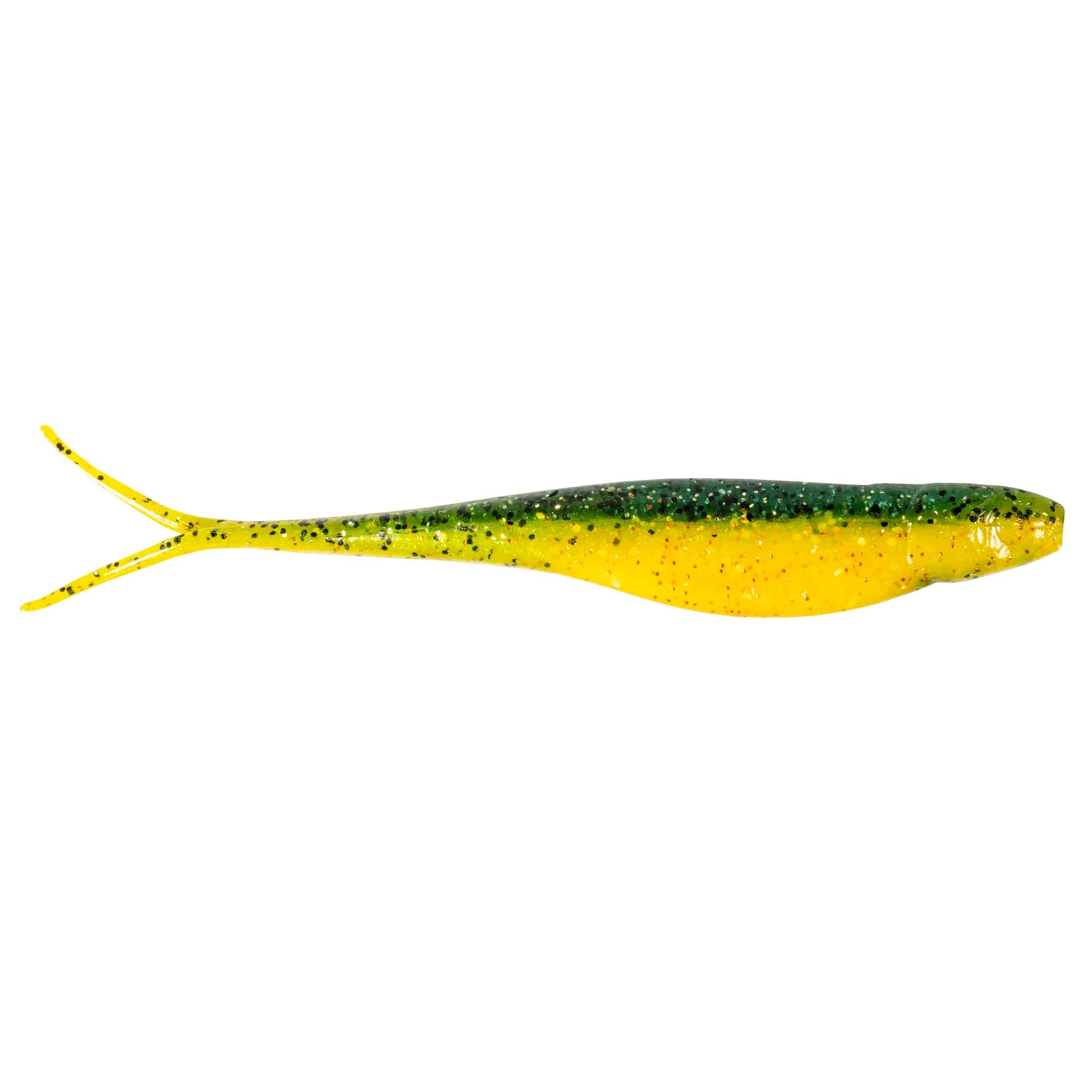 Scented jerk shad lure in chartreuse yellow with green speckled back