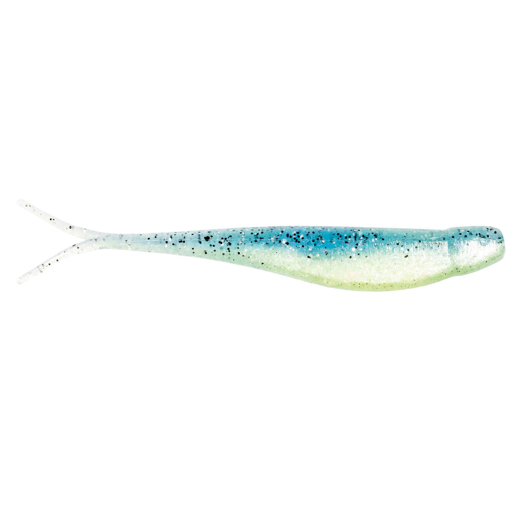 Scented jerk shad lure in white with blue speckles and fork tail