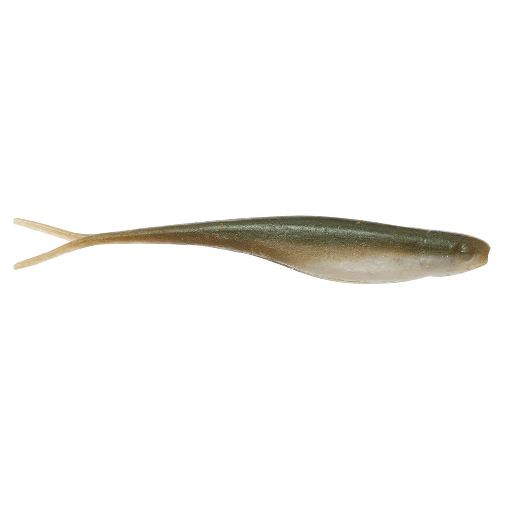 Scented jerk shad lure in olive brown with subtle speckling and twin tail