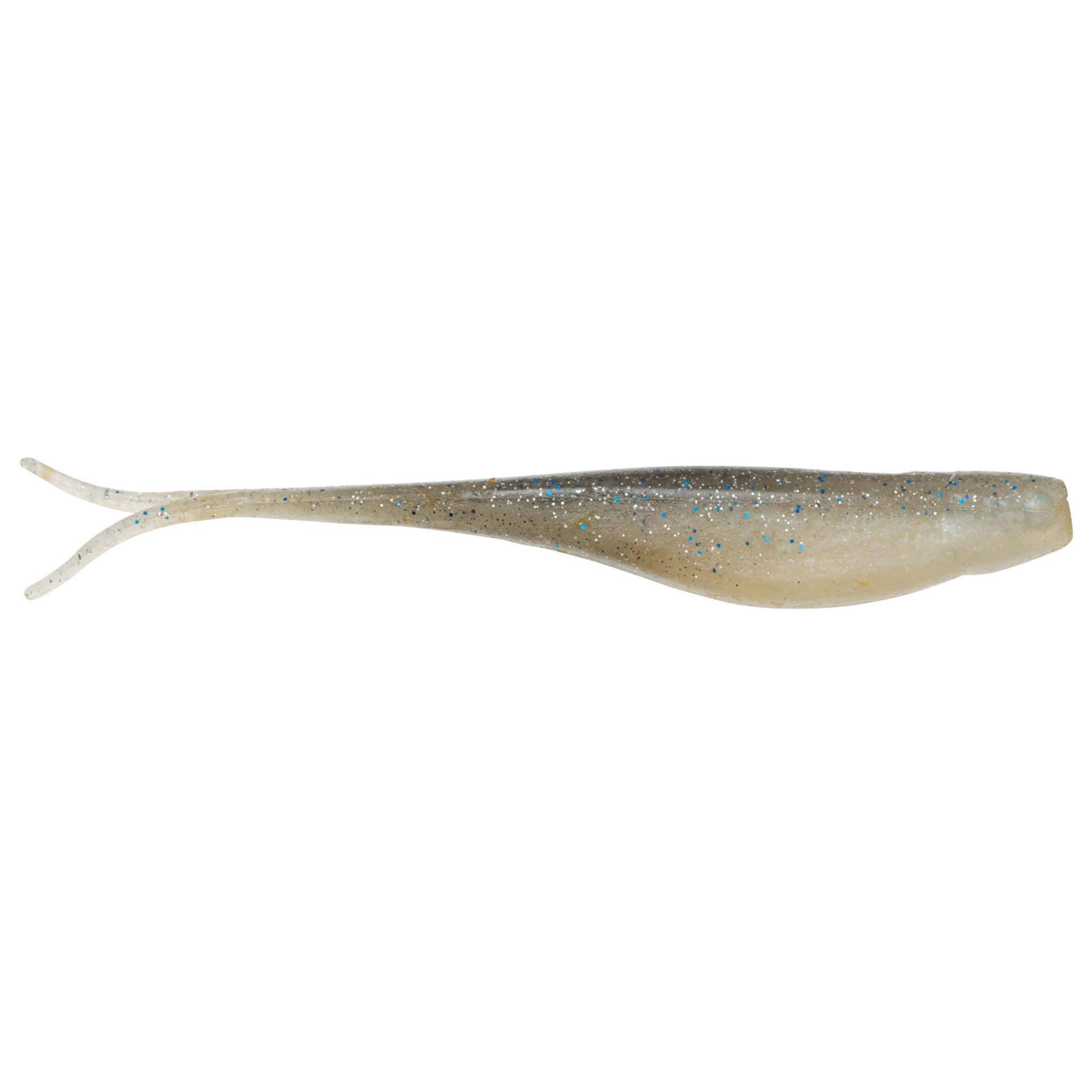 Scented jerk shad lure in sand brown with blue speckles, split tail