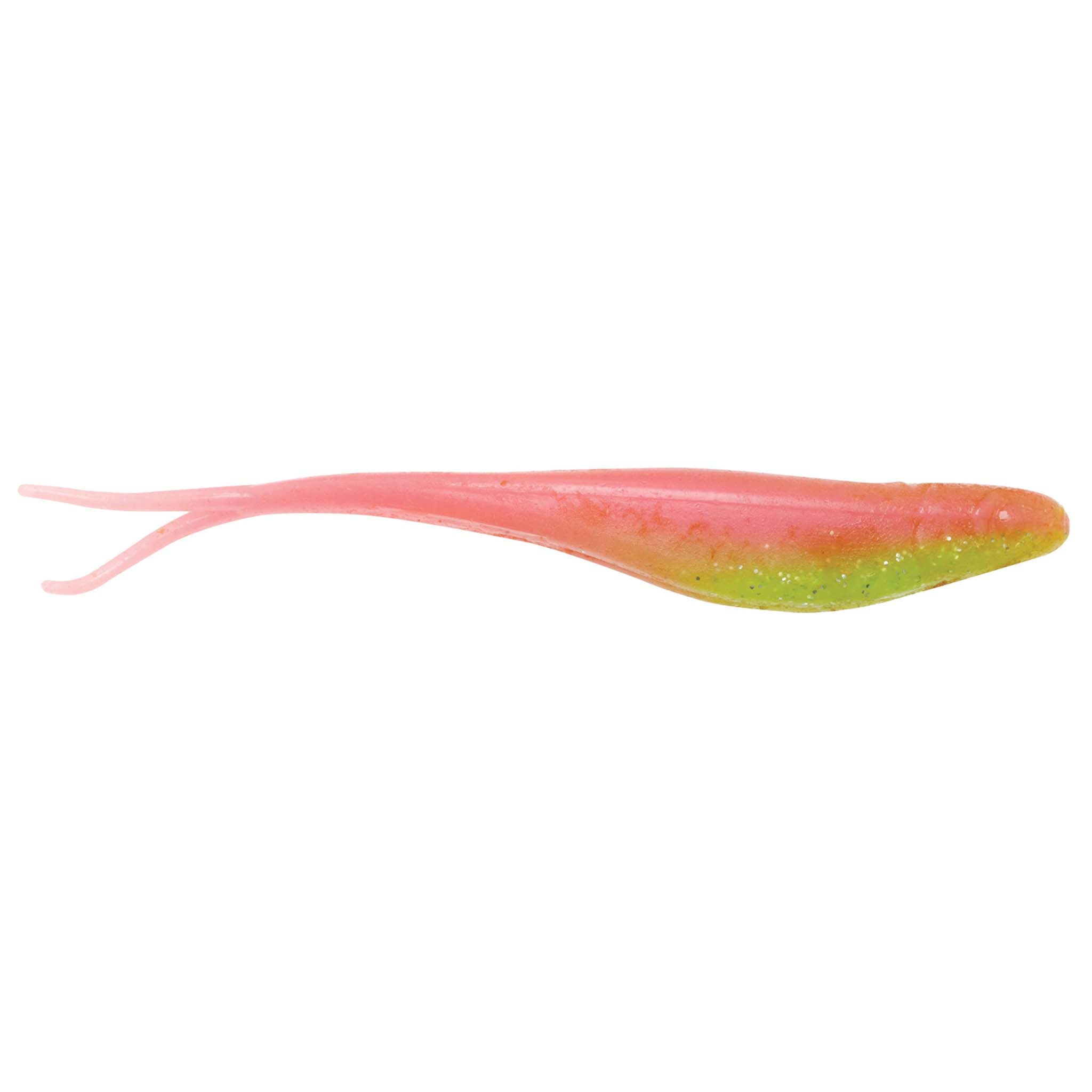 Scented jerk shad lure with pink top and green-gold belly, fork tail