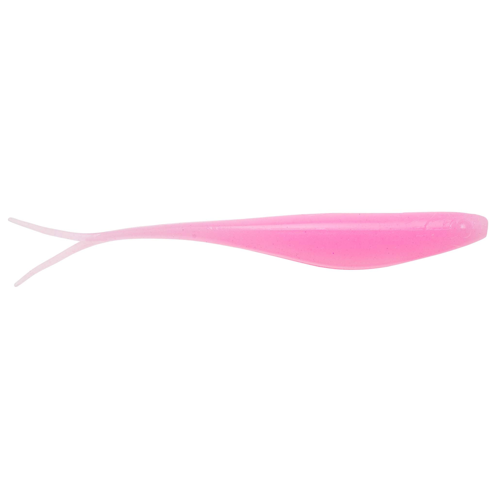 Scented jerk shad lure, bright pink translucent body with forked tail
