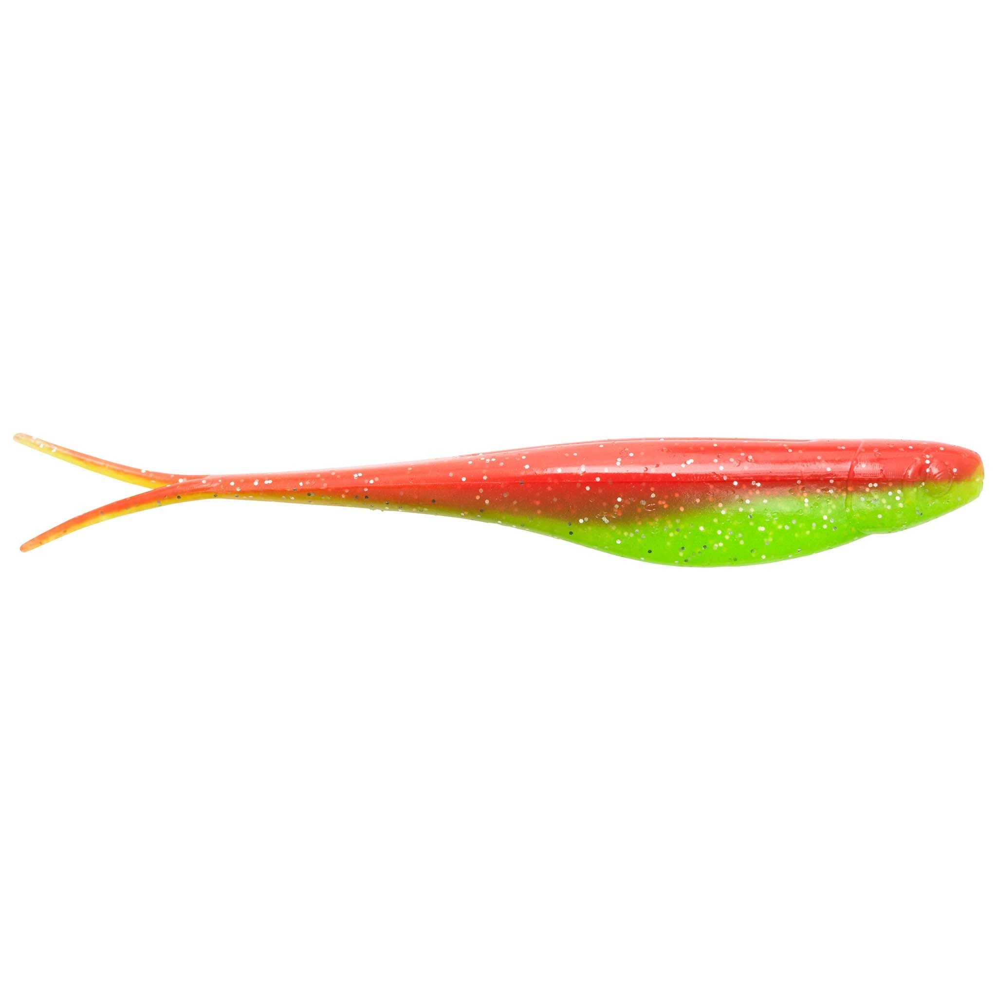 Scented jerk shad lure, red back with green sides and gold accents, forked tail