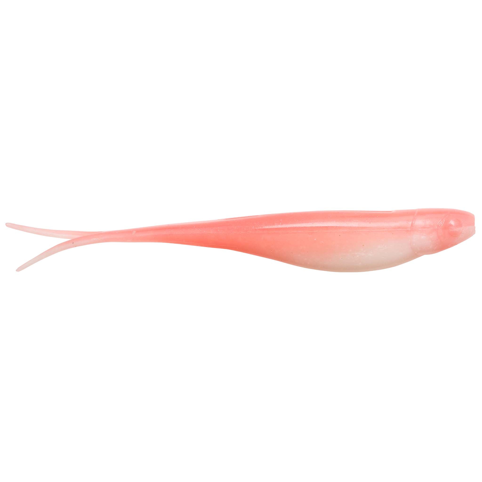Scented jerk shad lure, coral pink translucent body with soft fins and forked tail