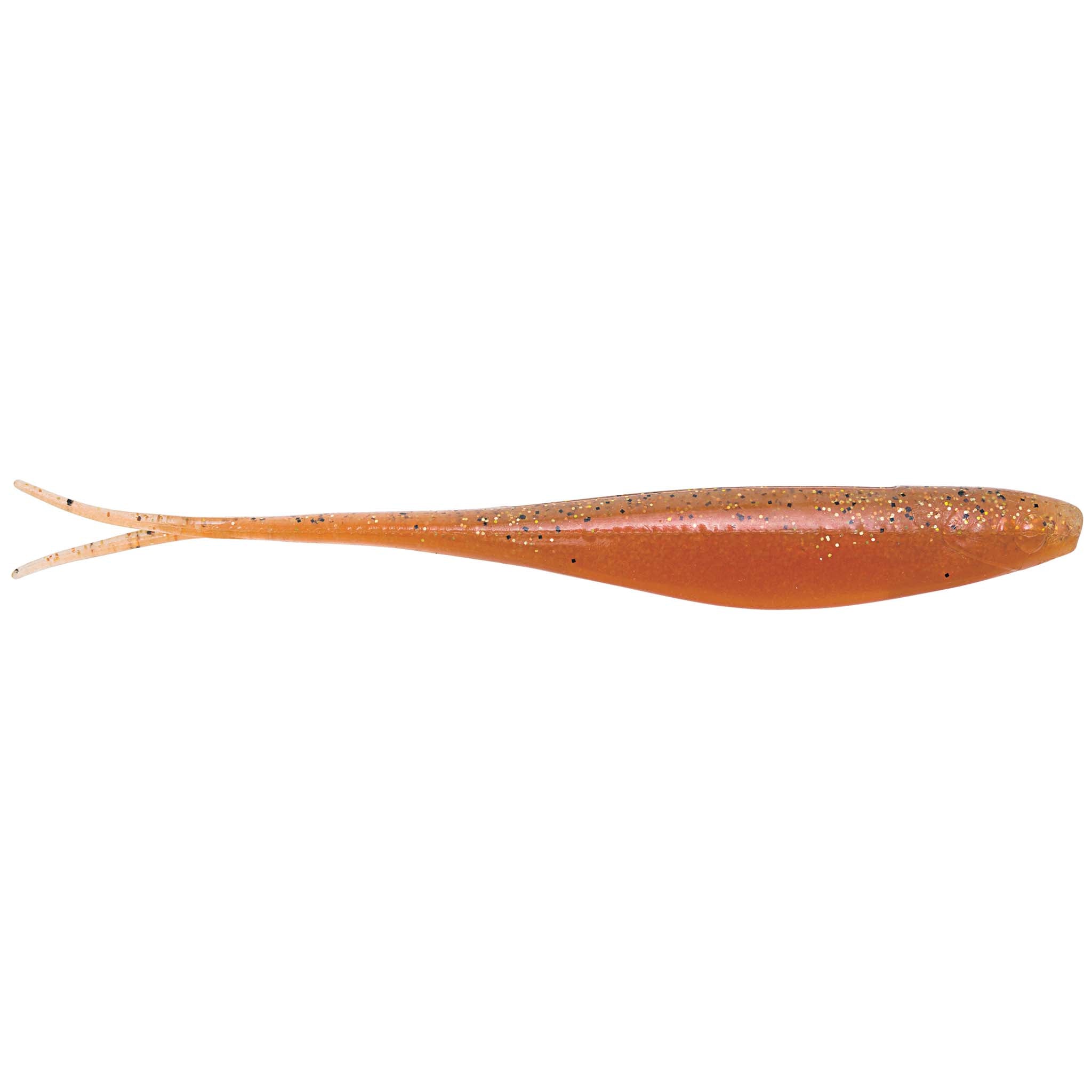Scented jerk shad lure, orange-brown body with dark speckles and forked tail