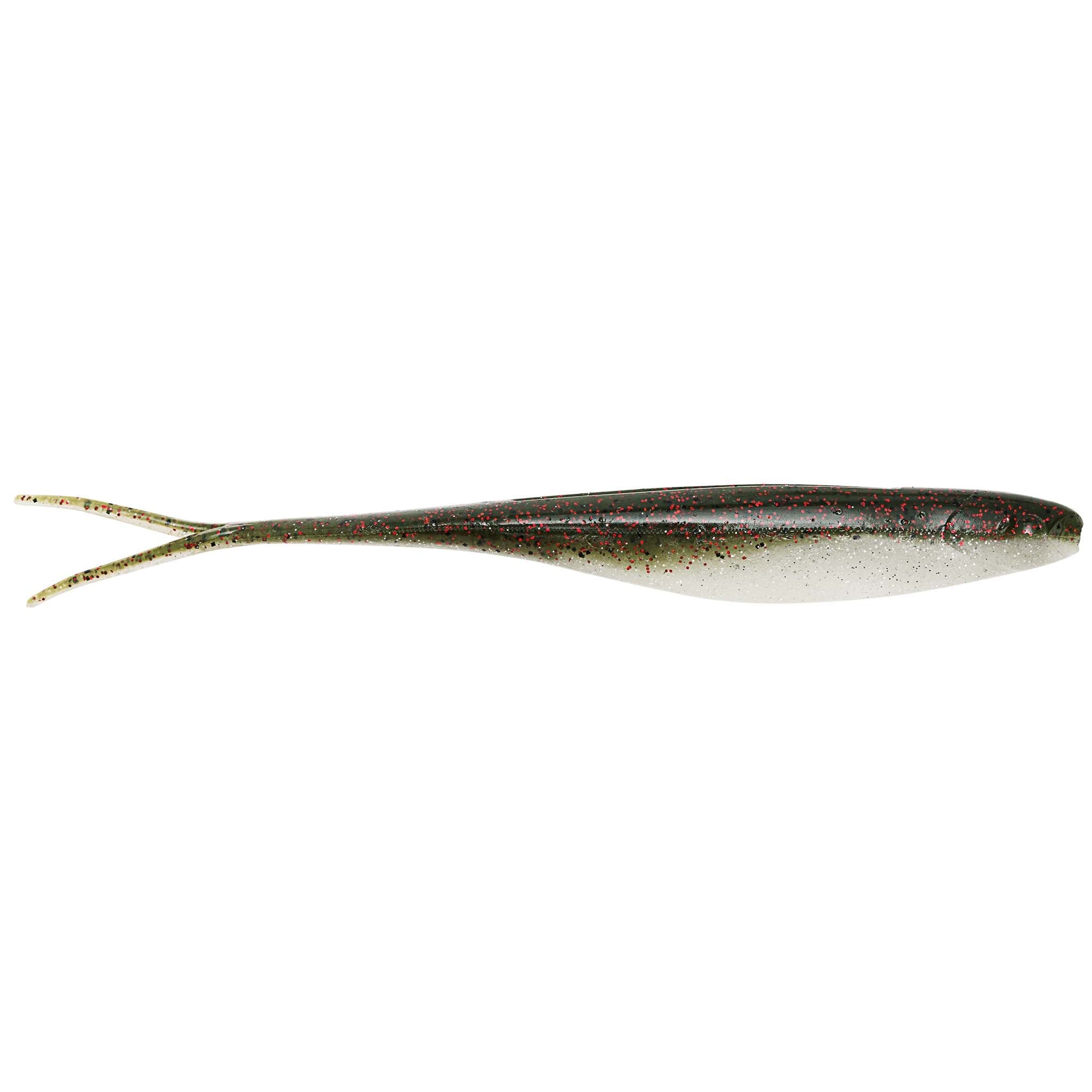 Scented jerk shad lure, dark charcoal body with gold speckles and forked tail
