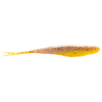 Scented jerk shad lure, yellow-gold body with orange speckles and forked tail