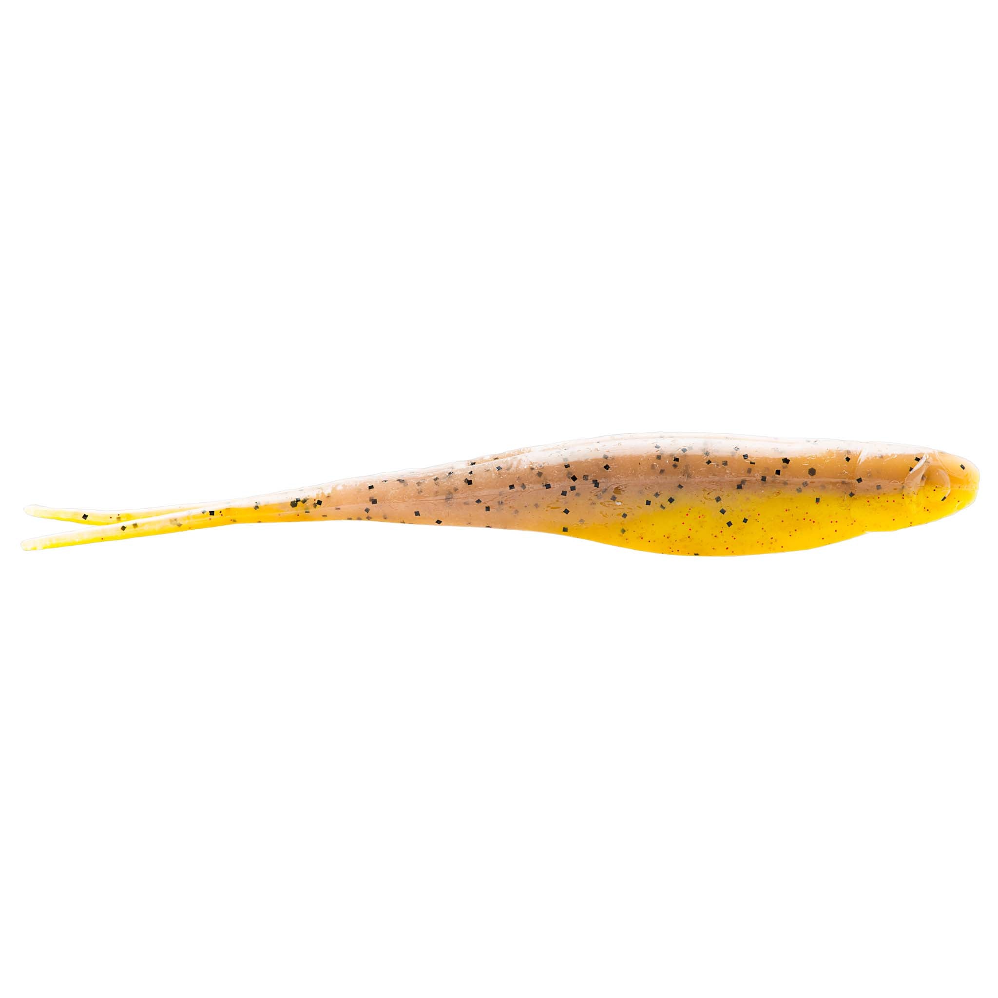 Scented jerk shad lure, yellow-gold body with orange speckles and forked tail