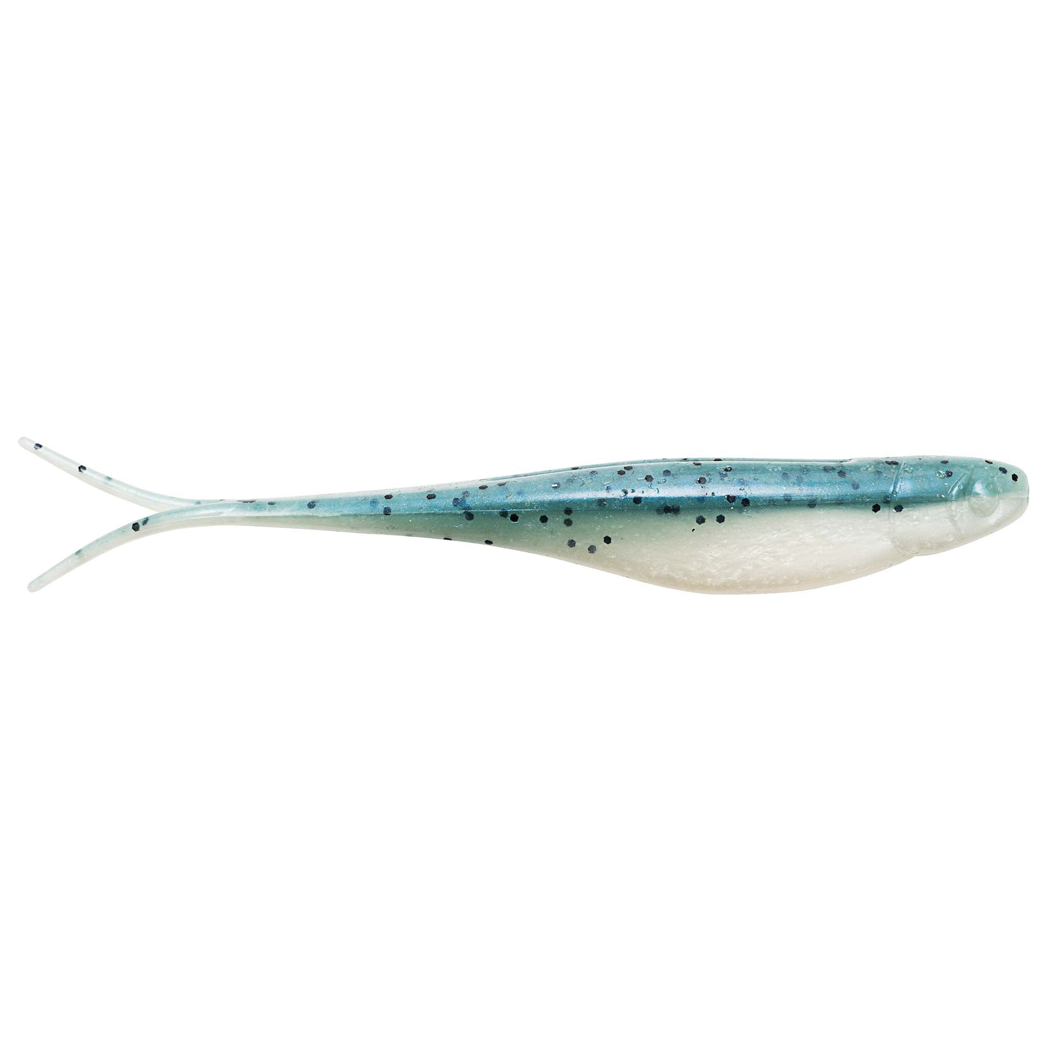 Scented jerk shad lure, light blue body with dark speckles and forked tail