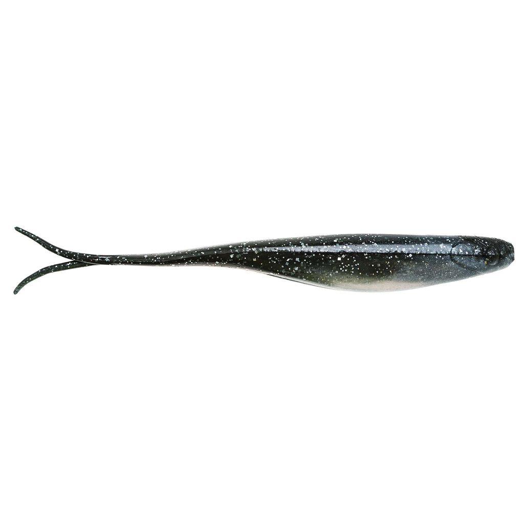 Scented jerk shad soft plastic lure in dark gray/black speckle, forked tail.