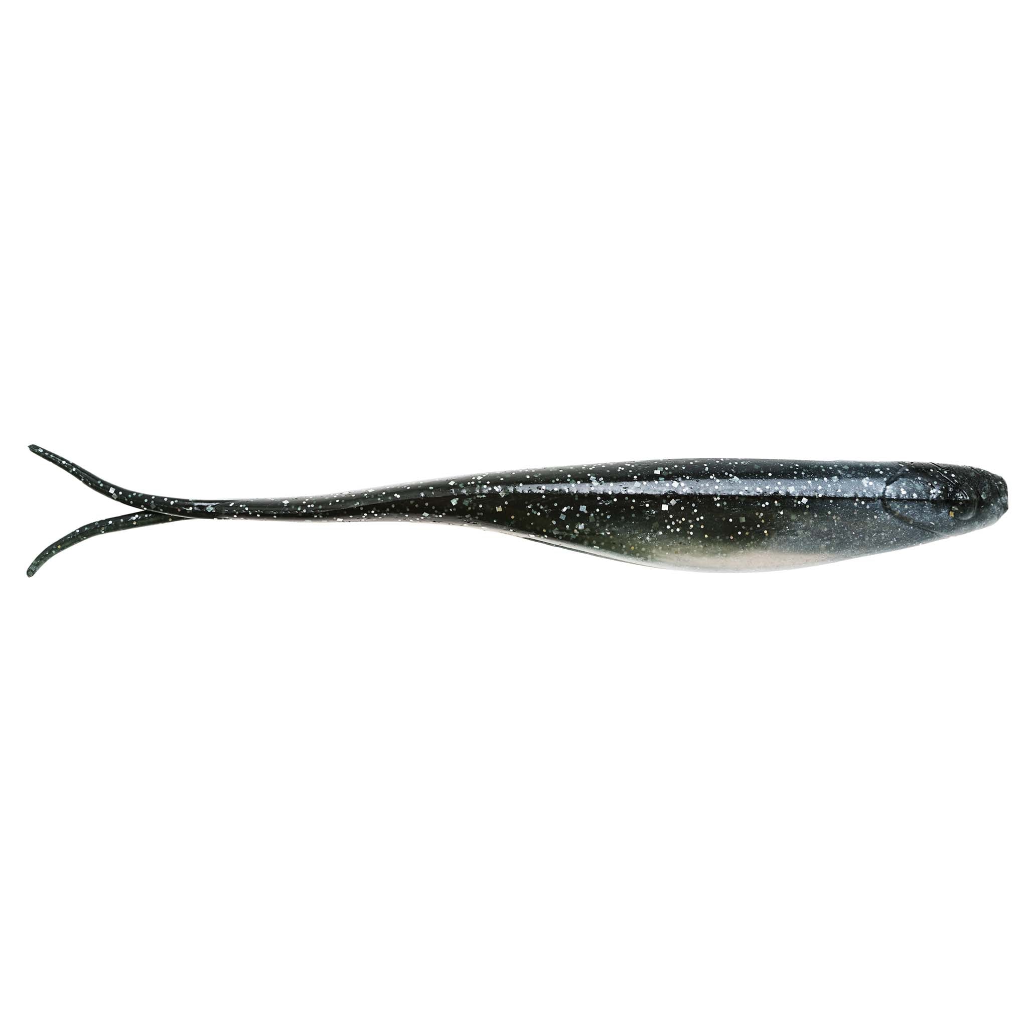 Scented jerk shad soft plastic lure in dark gray/black speckle, forked tail.