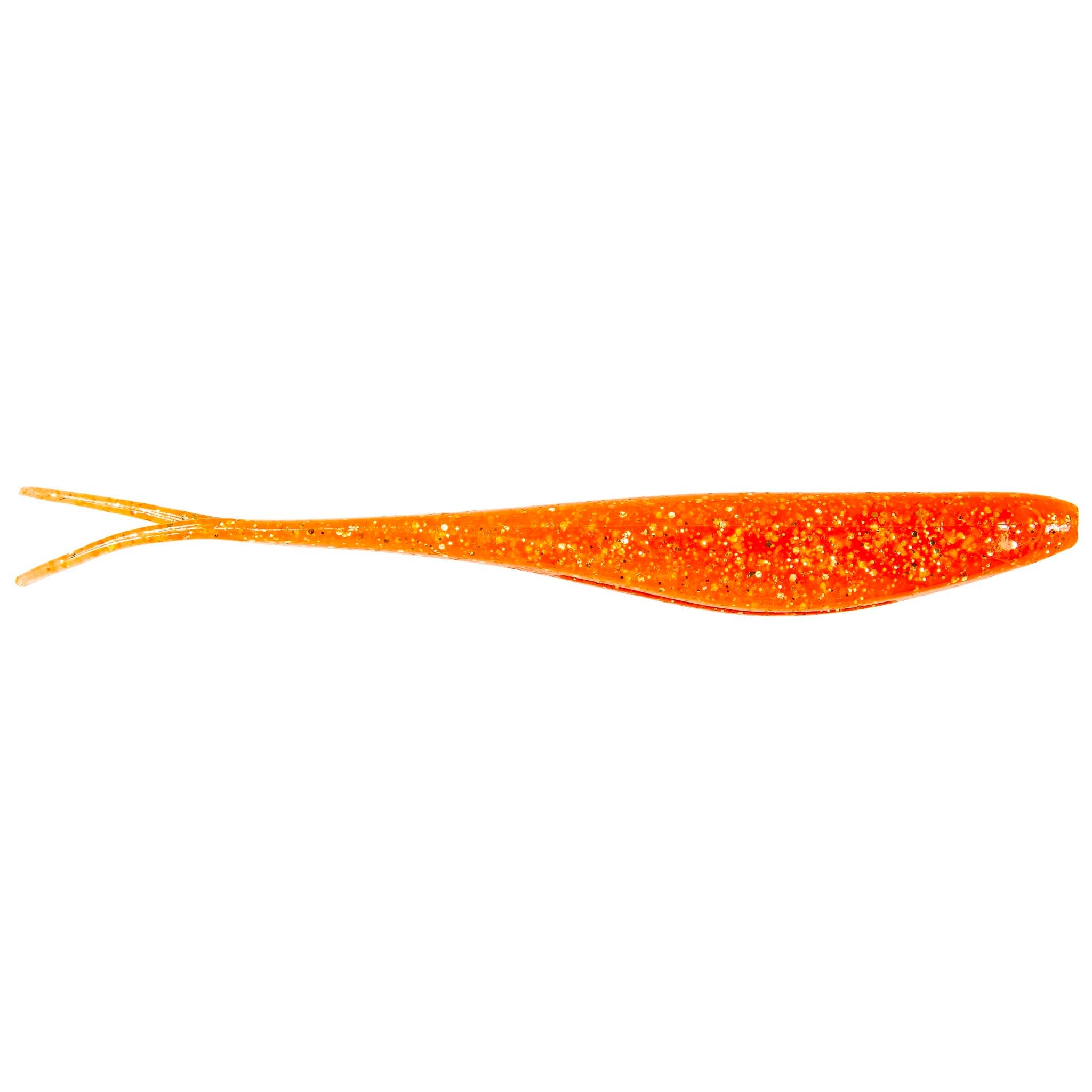 Scented jerk shad soft plastic lure in bright orange glitter, forked tail.