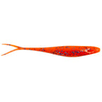Scented jerk shad soft plastic lure in orange with blue speckle, forked tail.