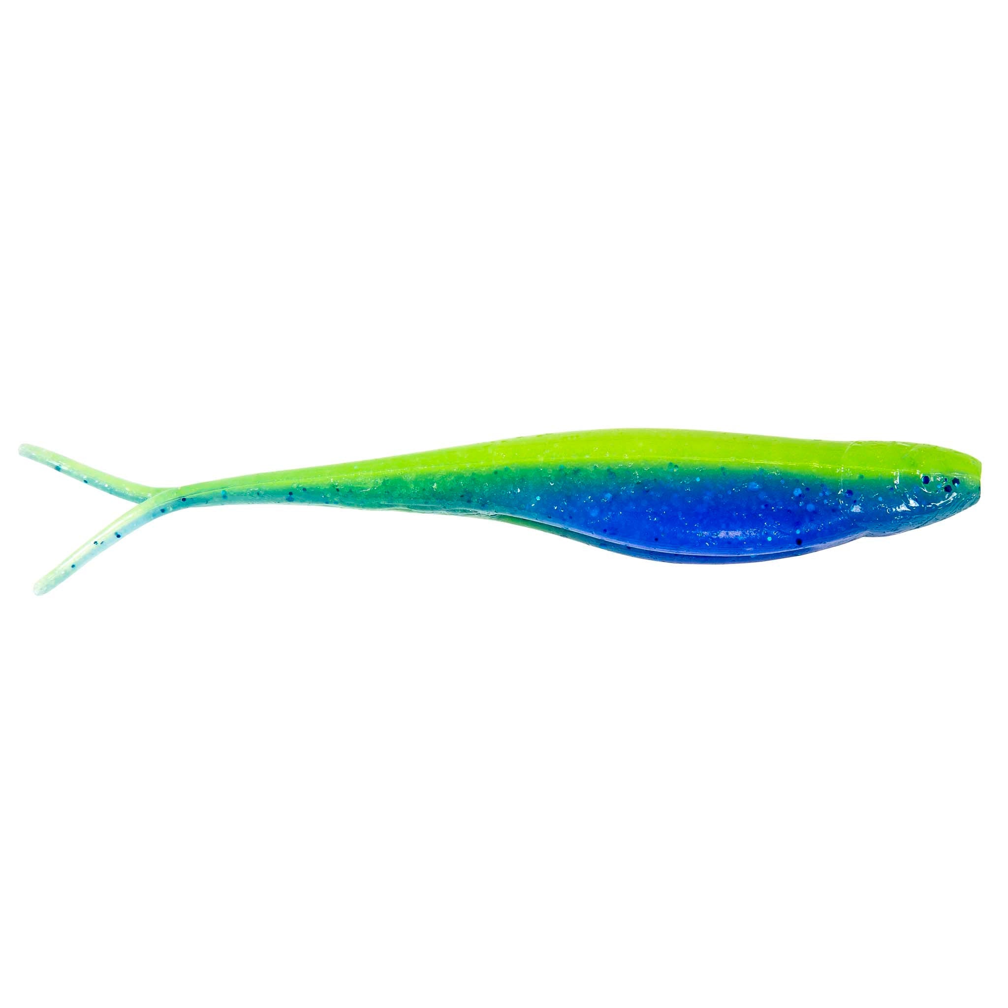 Scented jerk shad soft plastic lure with green-to-blue gradient, forked tail.