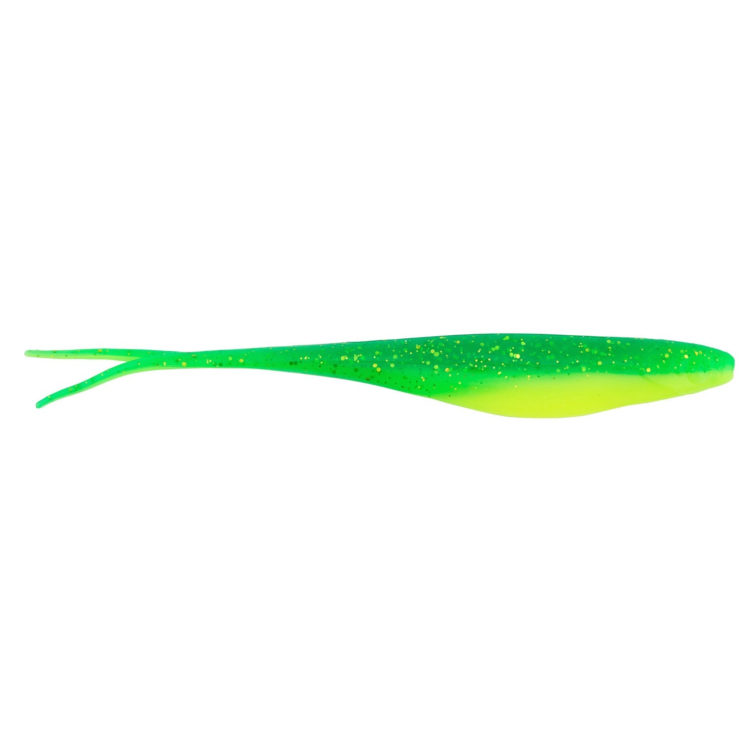 Jerk shad lure in neon green and lime with glitter finish and fork tail