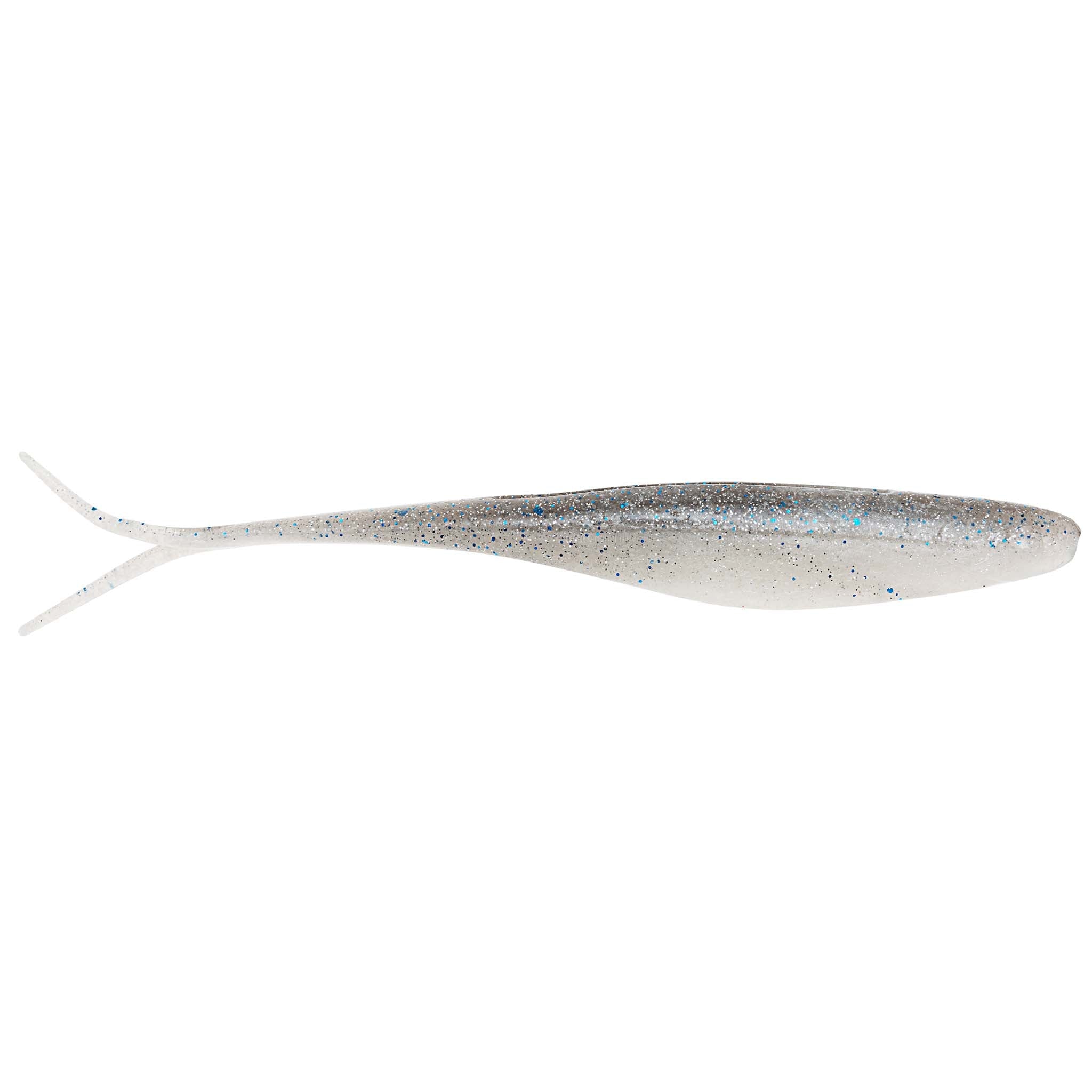 Scented jerk shad soft plastic lure in pearl white with silver speckles, forked tail.