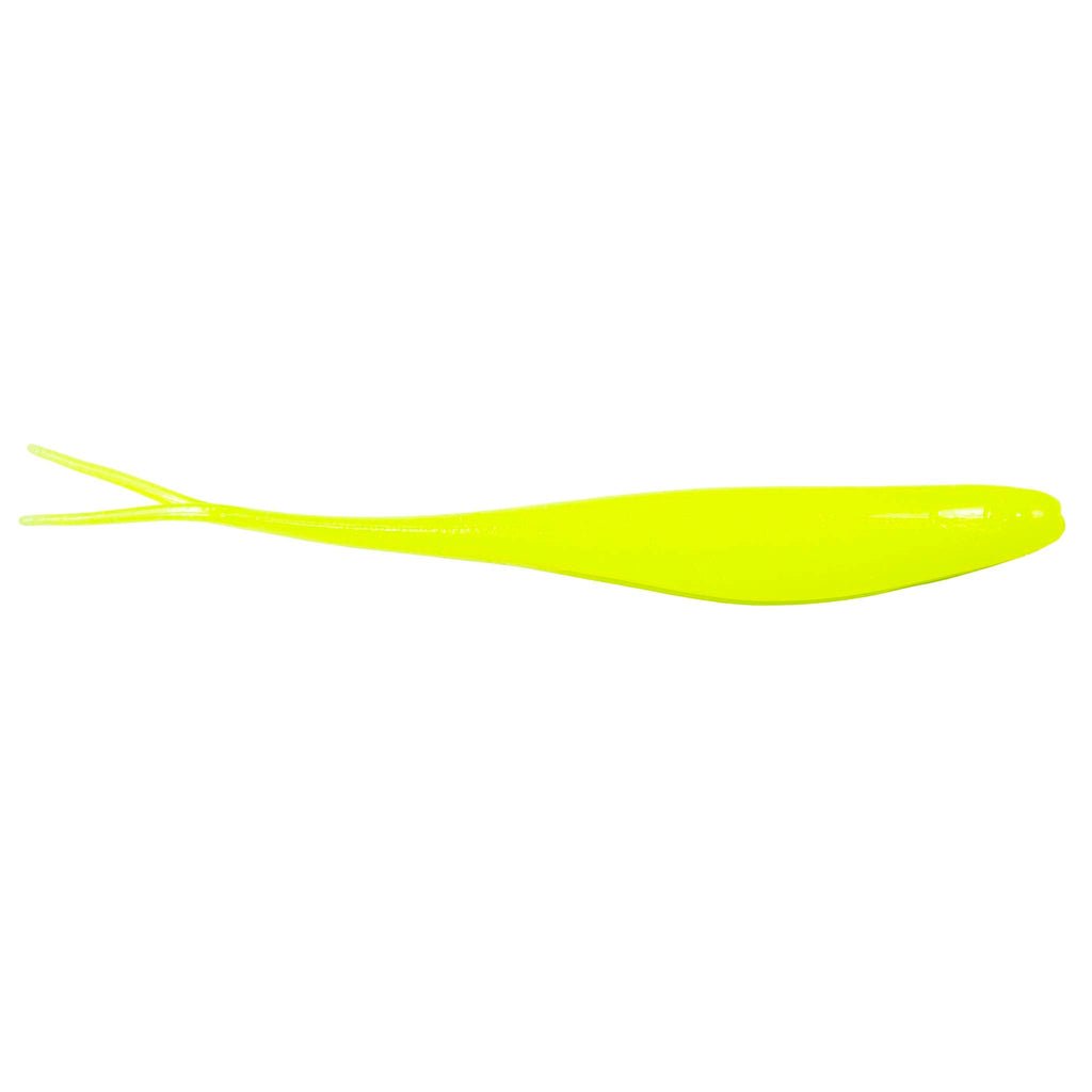 Scented jerk shad soft plastic lure in neon chartreuse yellow, forked tail.