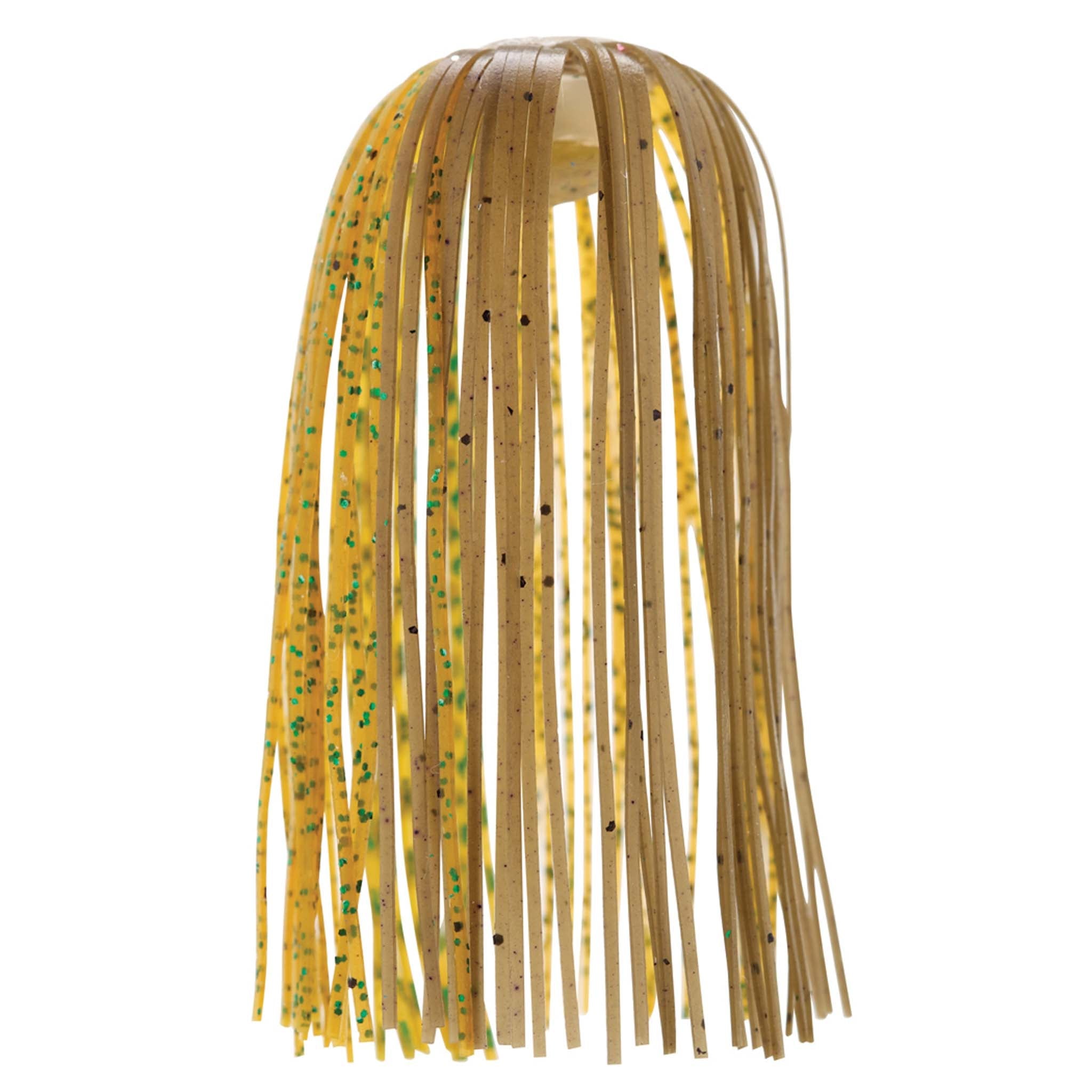Fishing lure skirt with tan-gold hanging strands and speckled green dots