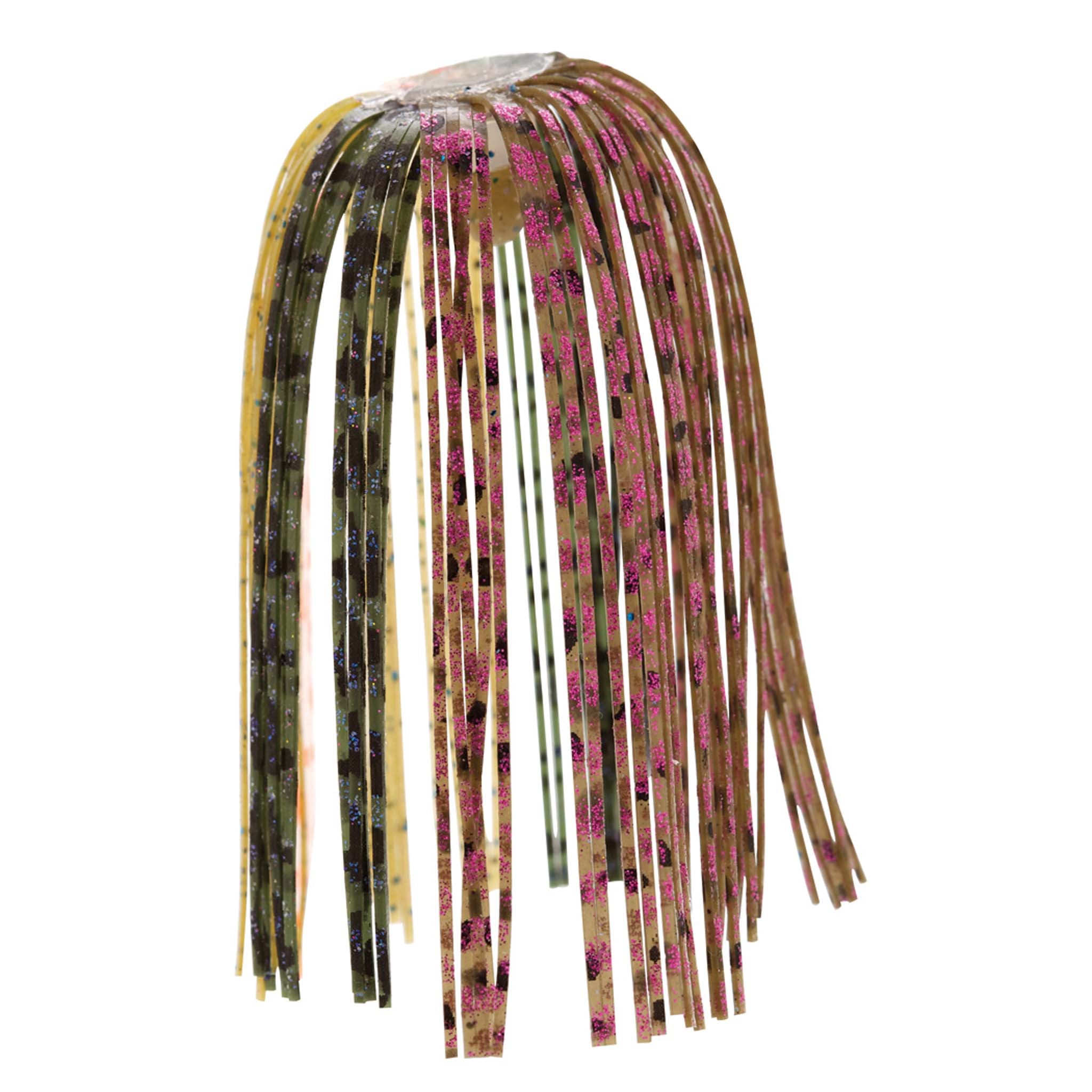 Fishing lure skirt with iridescent black and bronze strands, pink confetti