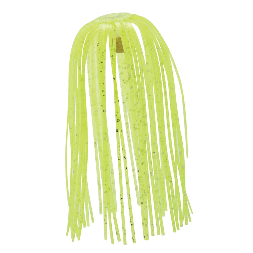 Fishing lure skirt with chartreuse translucent hanging strands, black speckles