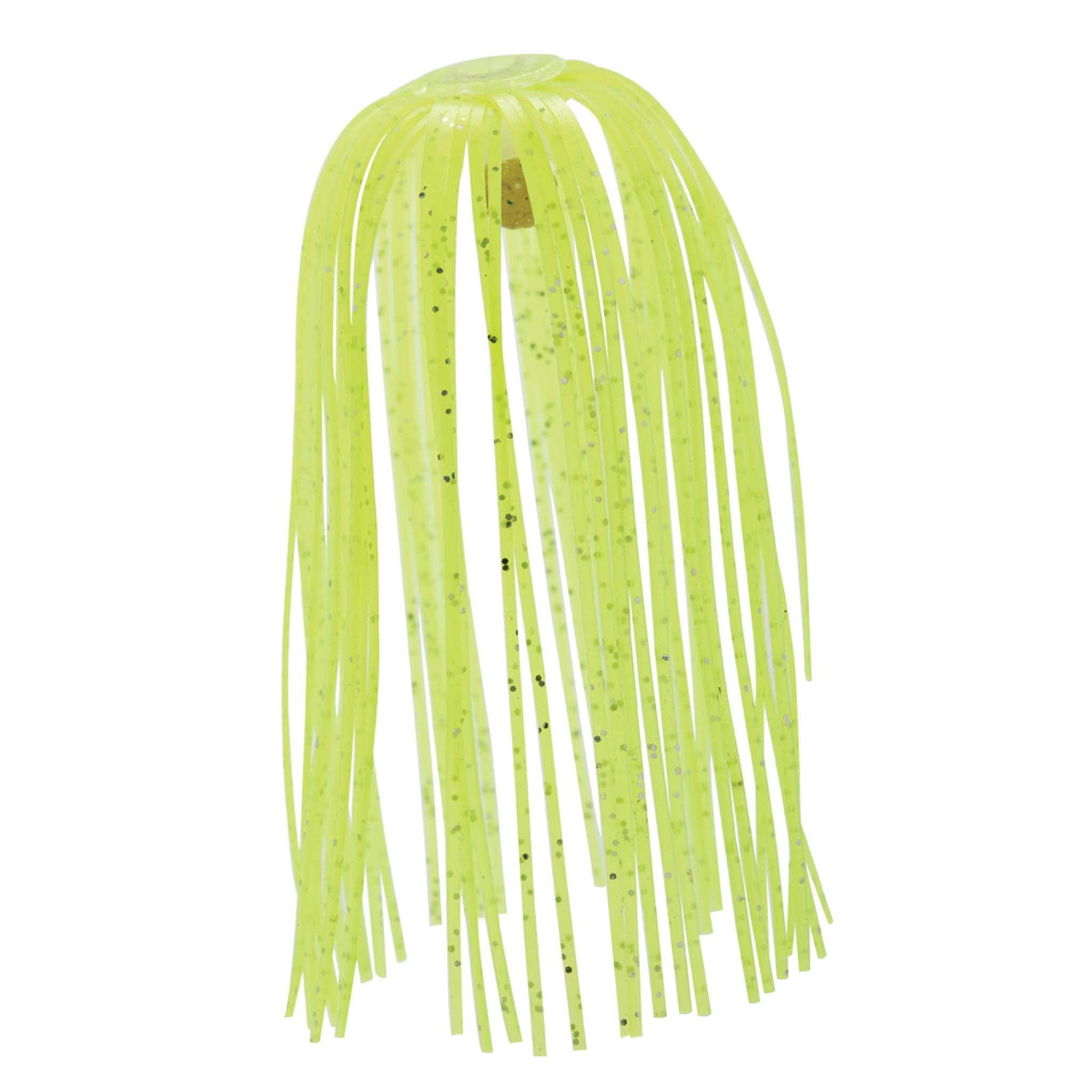 Fishing lure skirt with chartreuse translucent hanging strands, black speckles
