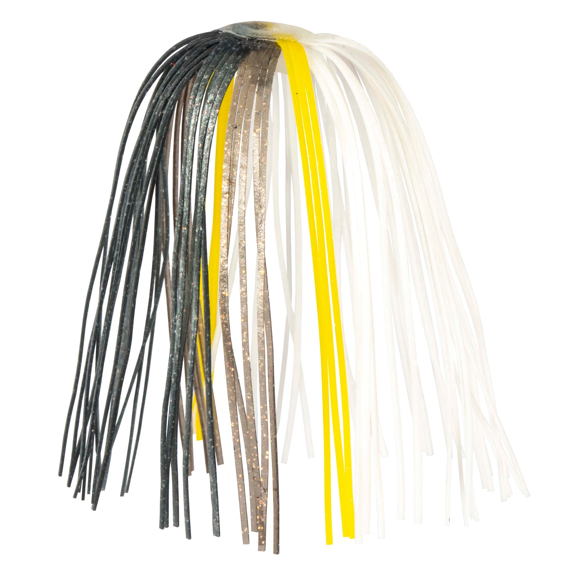 Fishing lure skirt with black and white hanging strands, yellow accent stripe