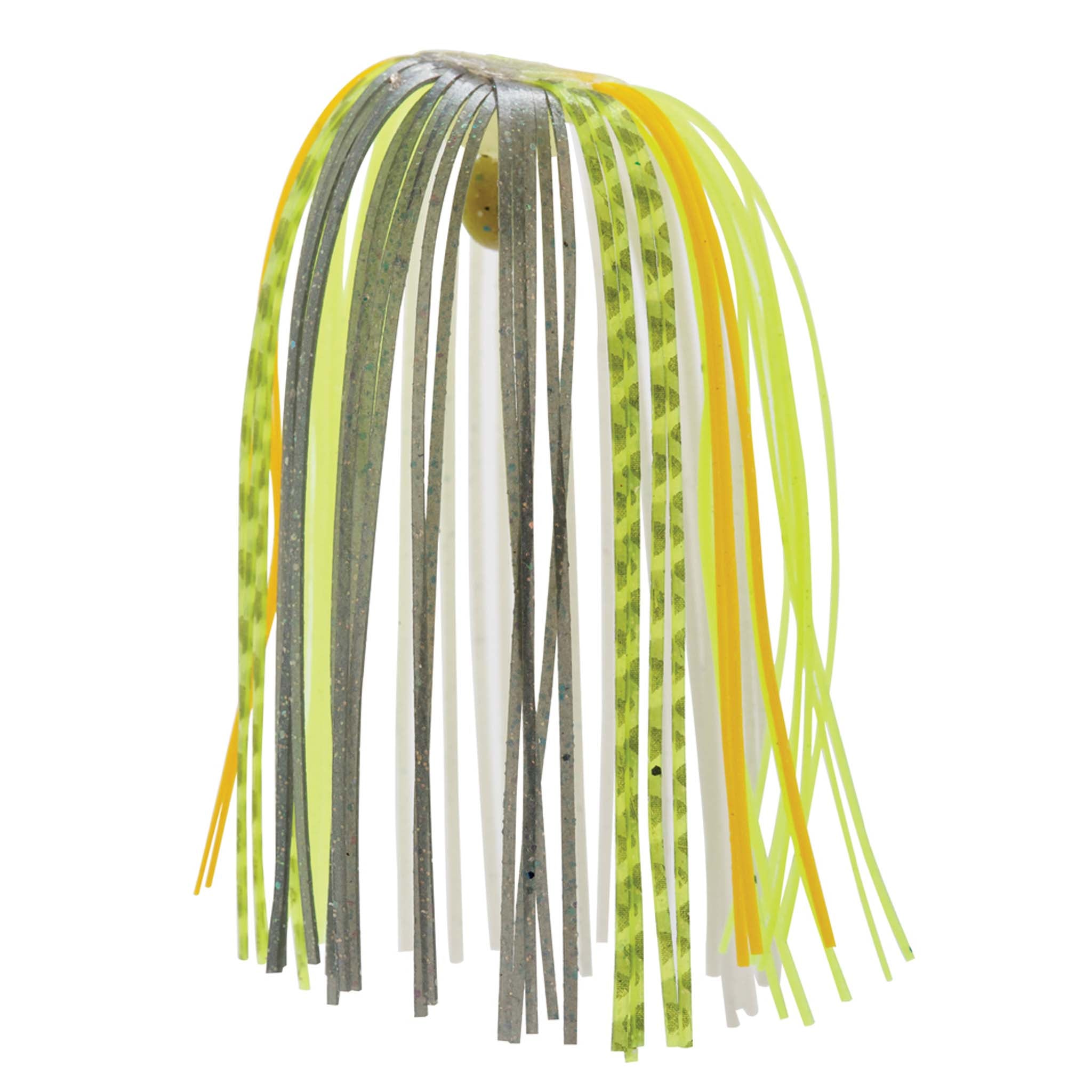 Fishing lure skirt with gray and olive hanging strands and bright yellow tips