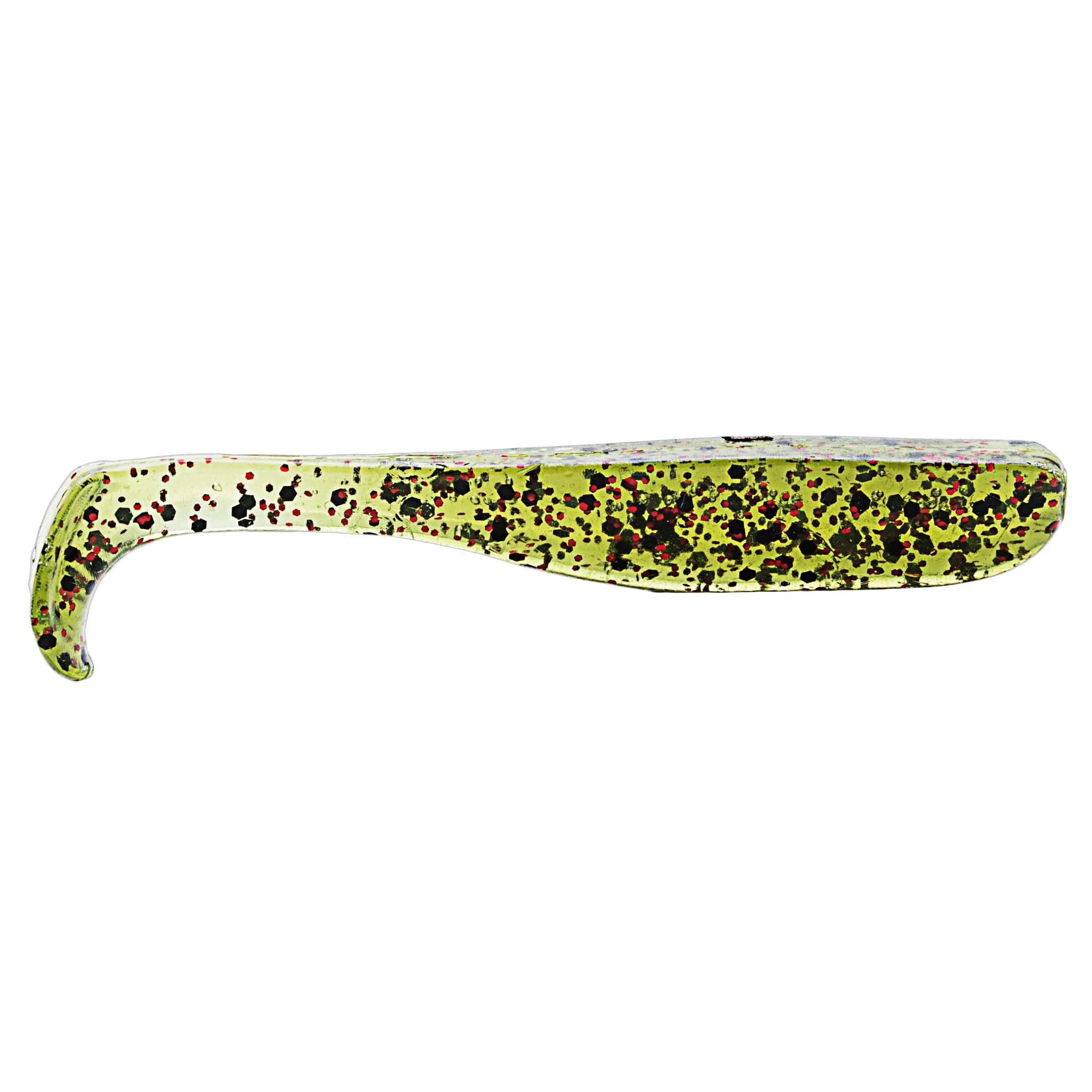 Slim swimbait lure, neon yellow-green with black dots and speckled pattern