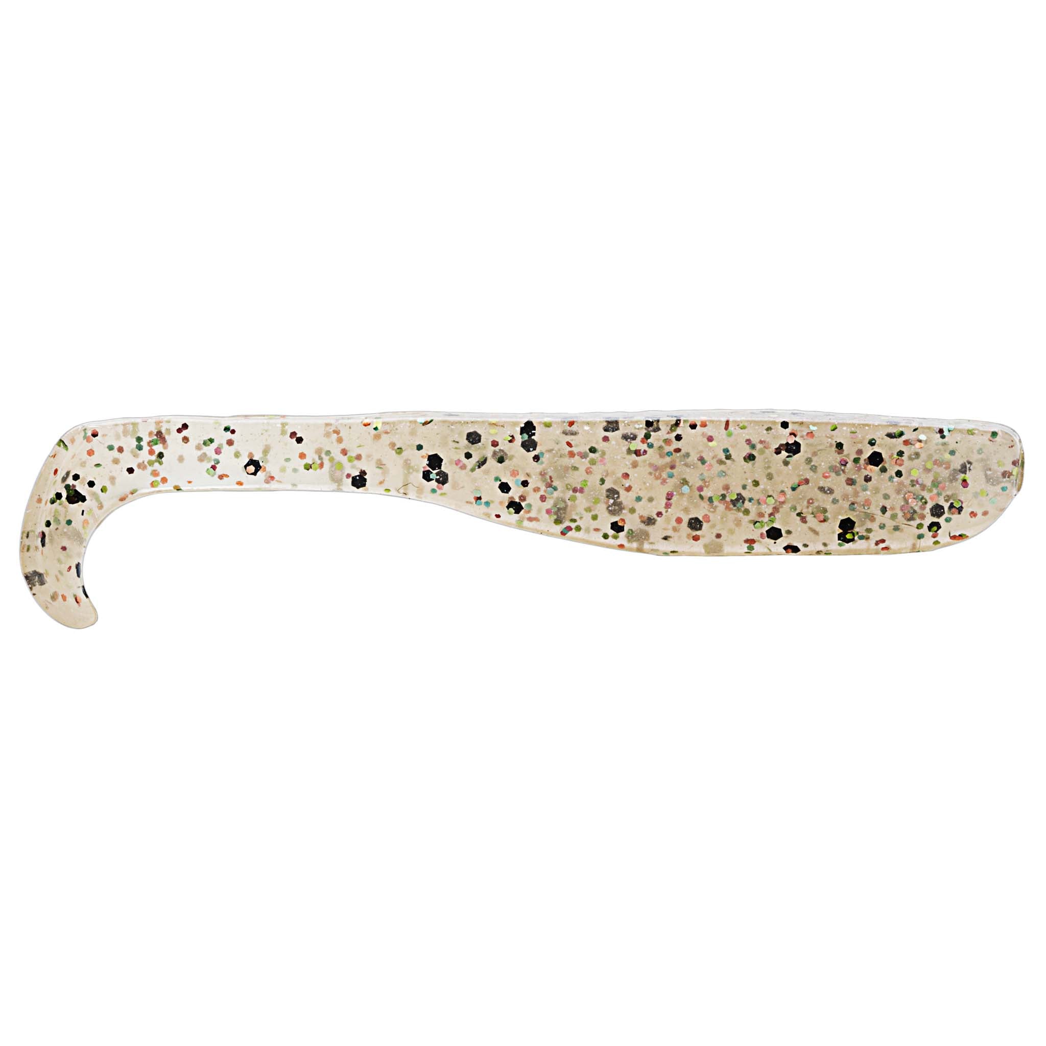 Slim swimbait lure, off-white with multicolor speckled spots