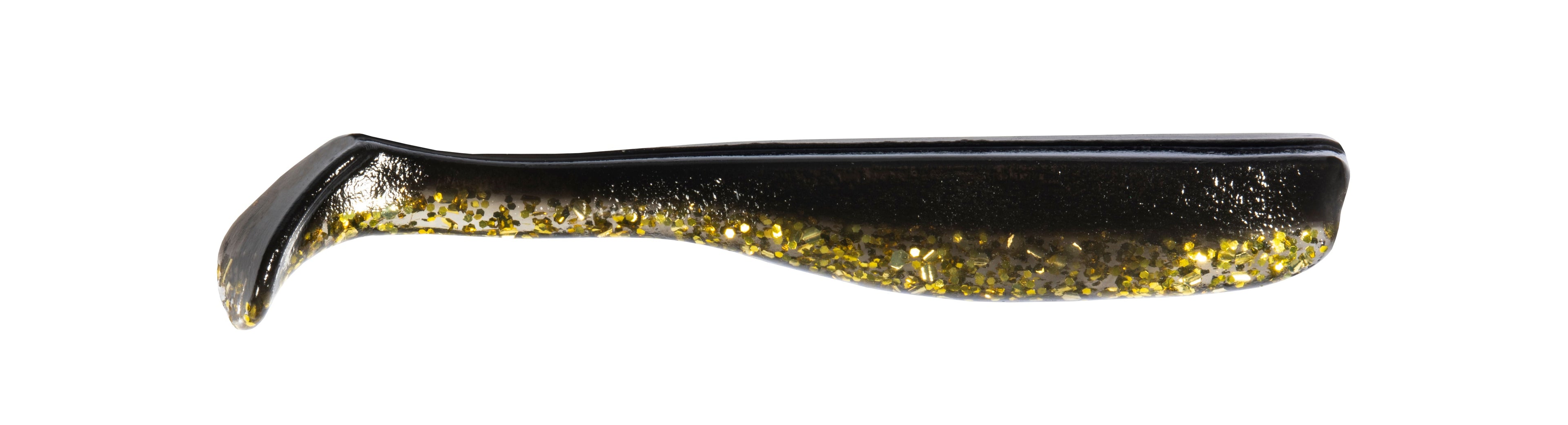 Slim swimbait lure, black with gold glitter and translucent edge sections