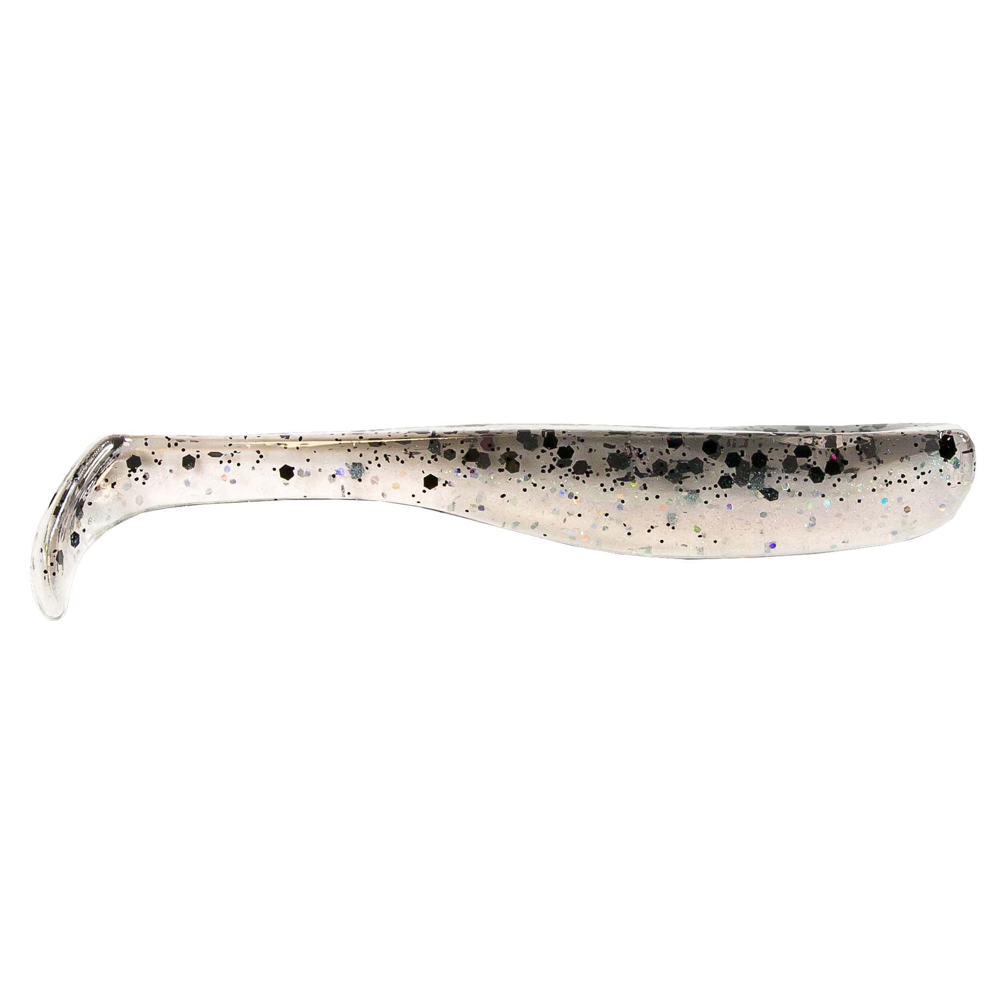 Slim swimbait lure, clear with dark speckles and rainbow flecks