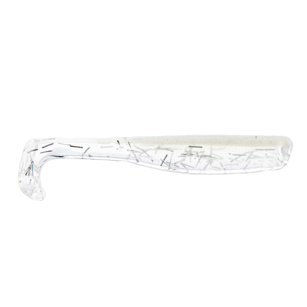 Slim swimbait lure, clear/translucent with thin dark stripe details