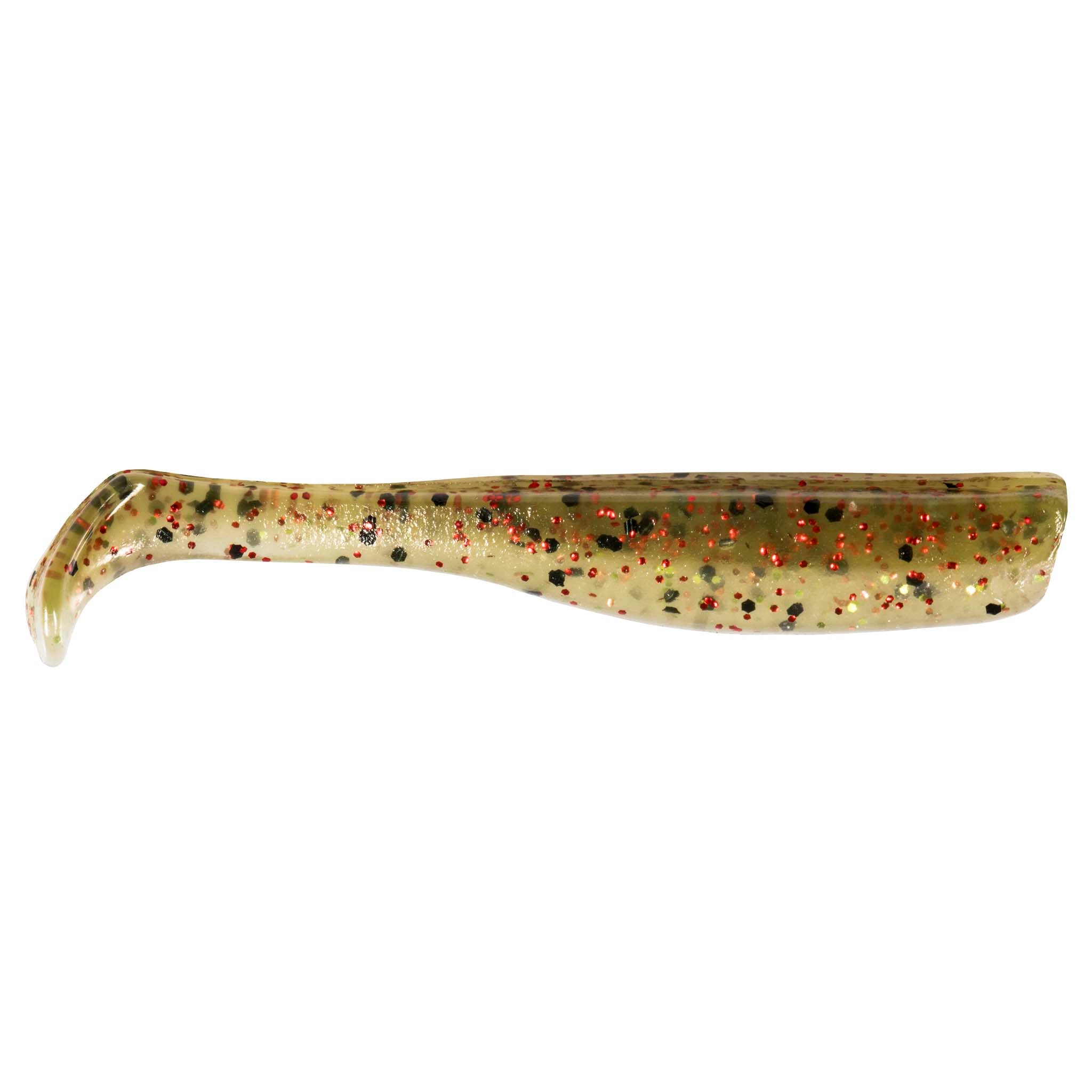 Slim swimbait lure, clear with dense red-and-green speckles