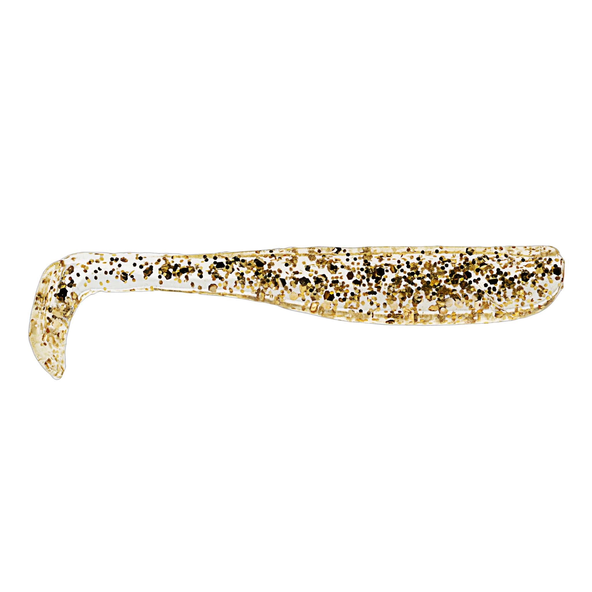Slim swimbait lure, translucent gold with dense dark speckles