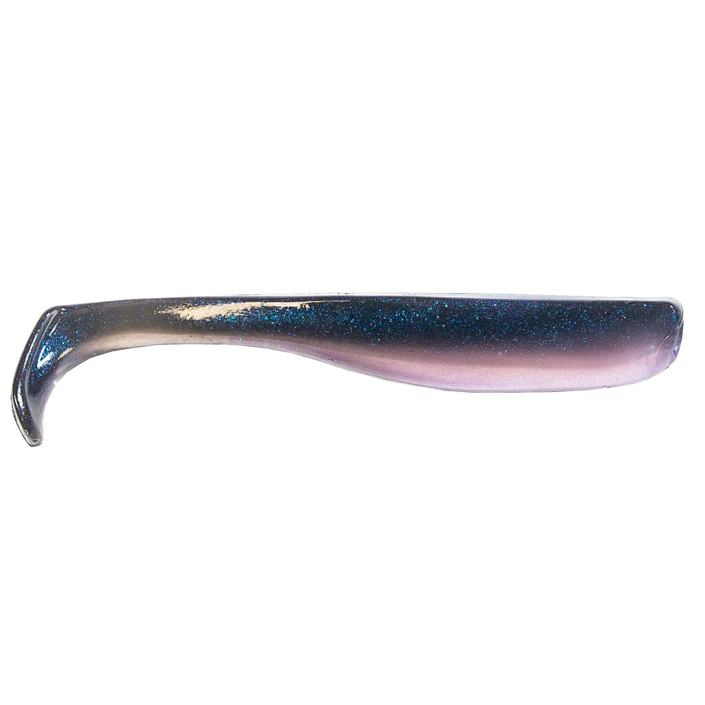 Slim swimbait lure, dark blue-purple with purple shimmer and gold sparkle
