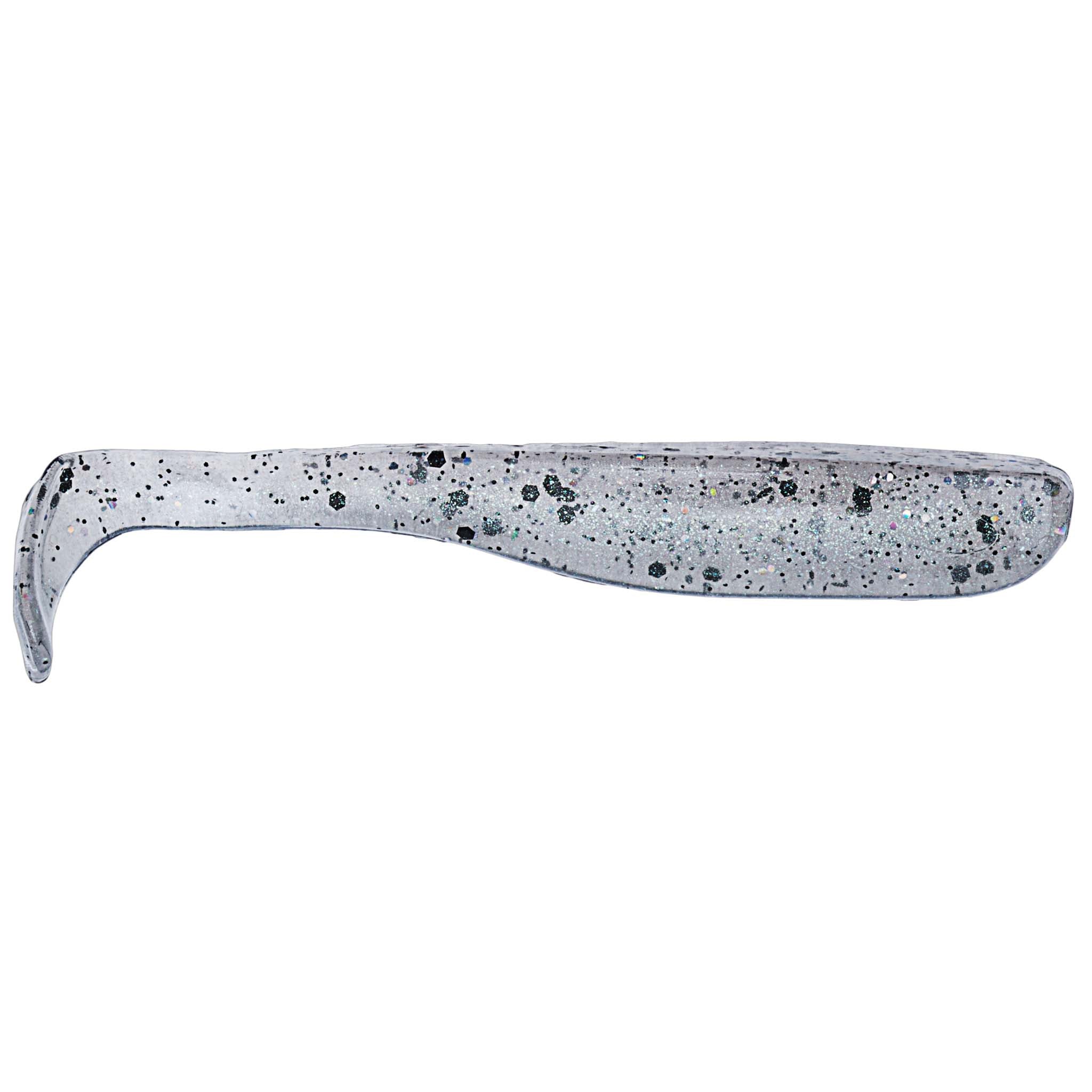 Slim swimbait lure, translucent gray with speckled blue-black flecks