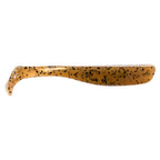 Slim swimbait lure, translucent amber with mottled black speckle