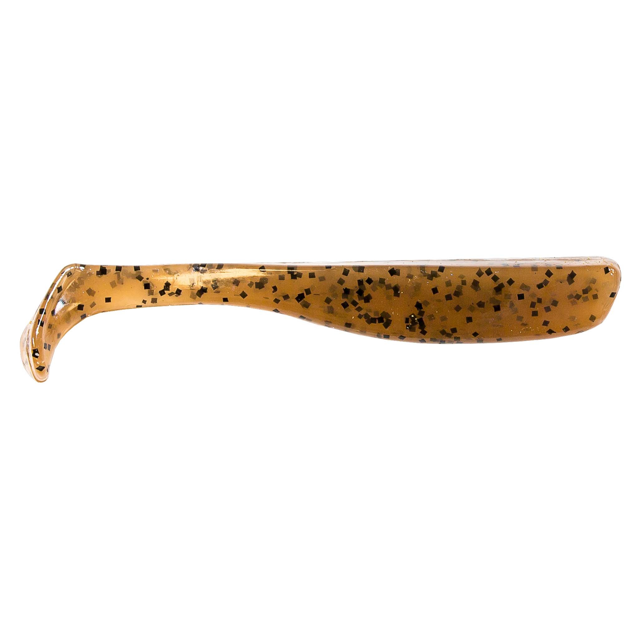 Slim swimbait lure, translucent amber with mottled black speckle