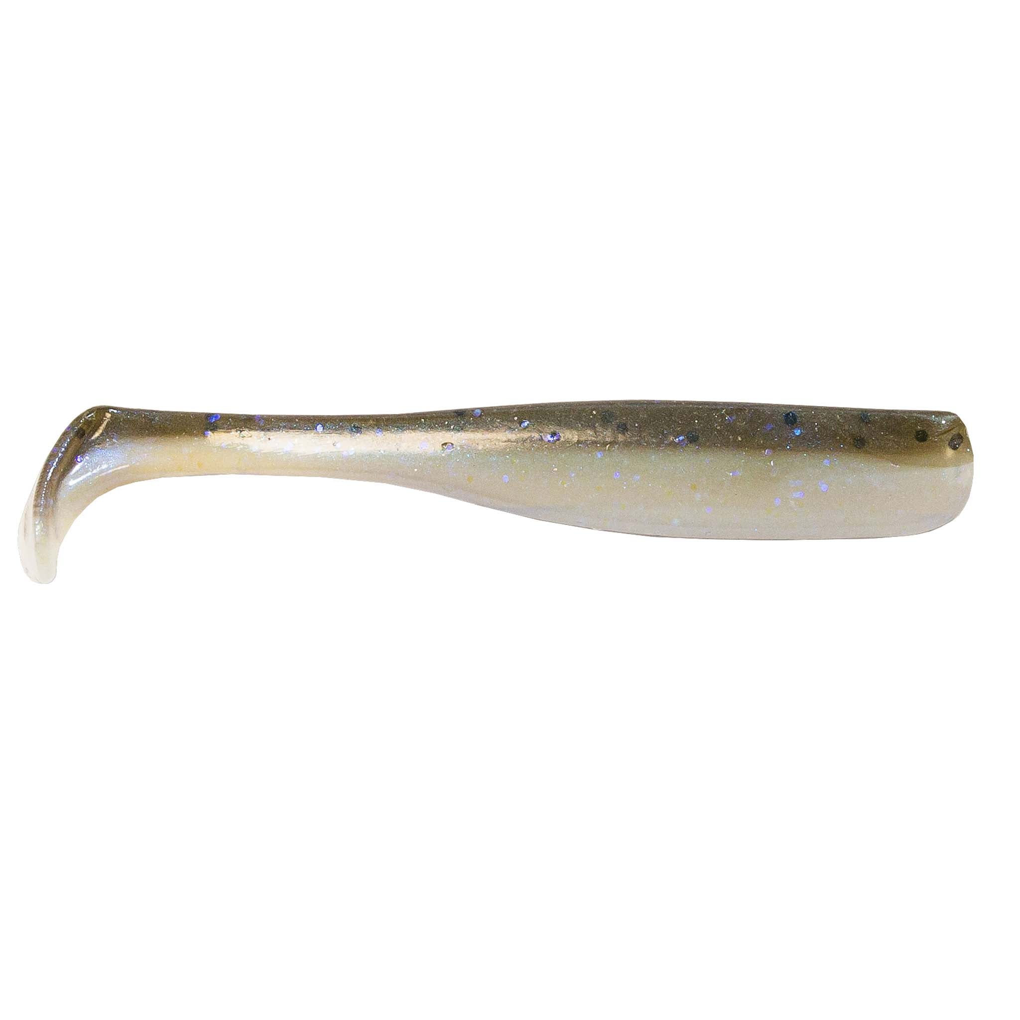 Slim swimbait lure, translucent pearl with speckled gold and blue dots