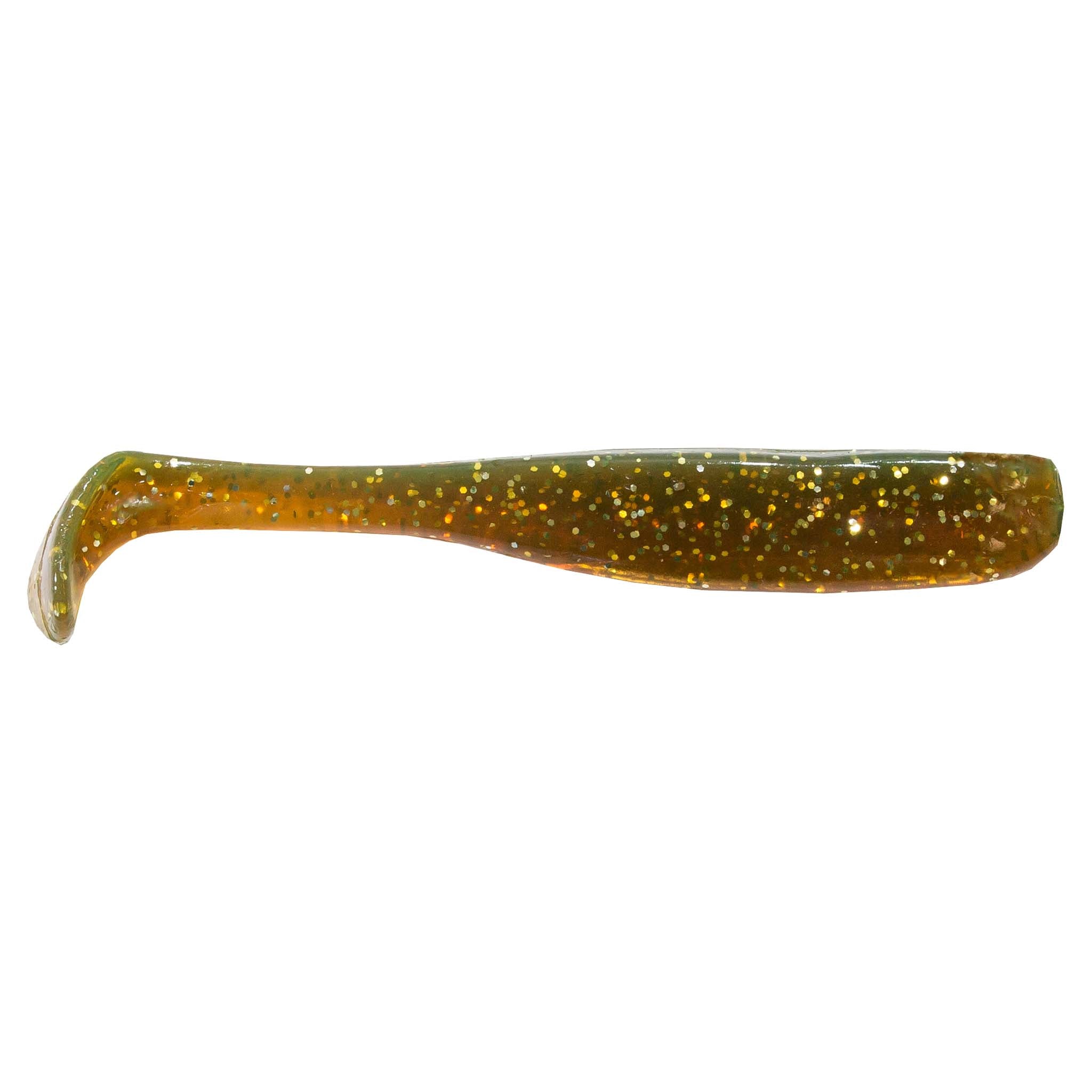 Slim swimbait lure, dark amber-brown translucent with golden glitter flecks