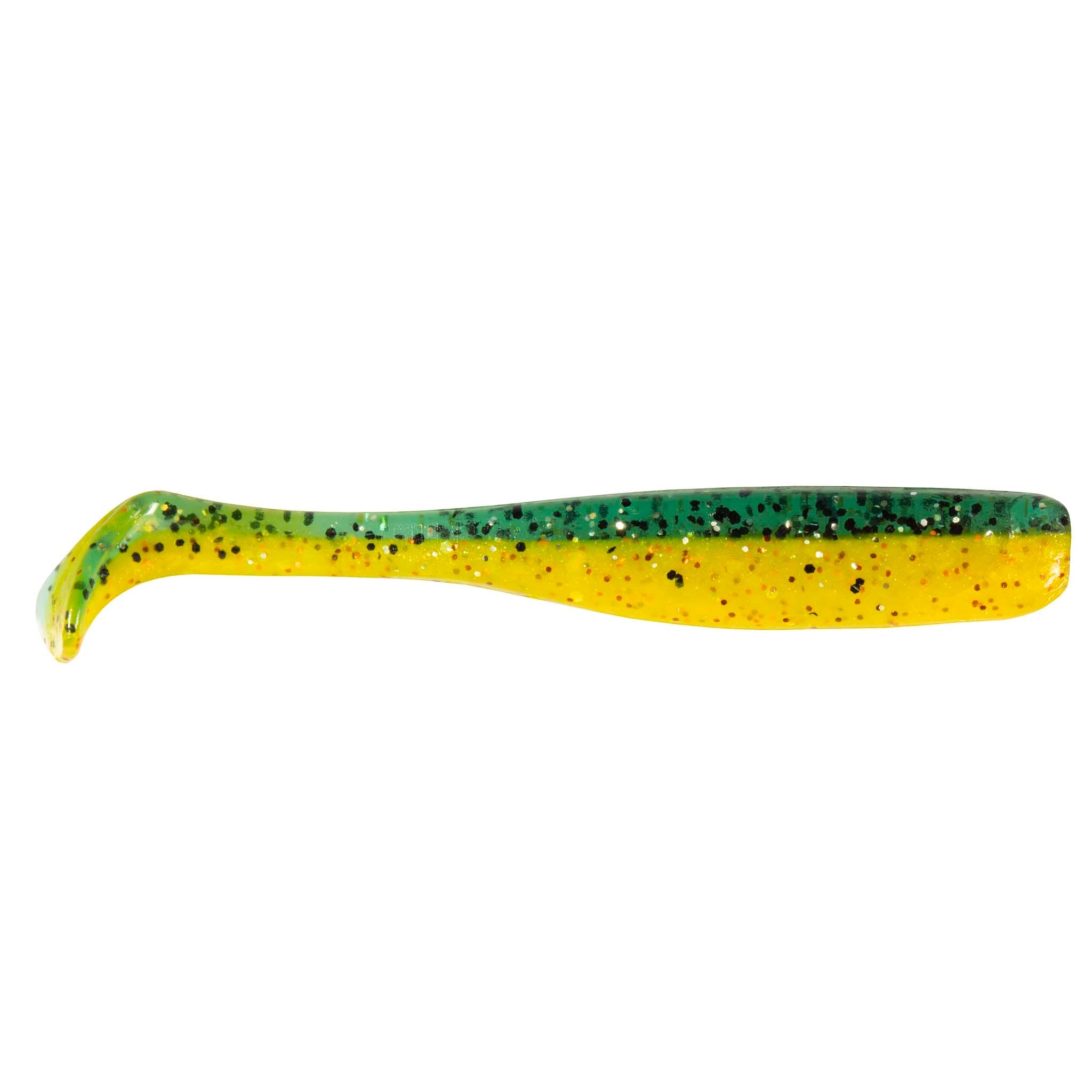 Slim swimbait lure, yellow-green with teal-blue speckles and glitter