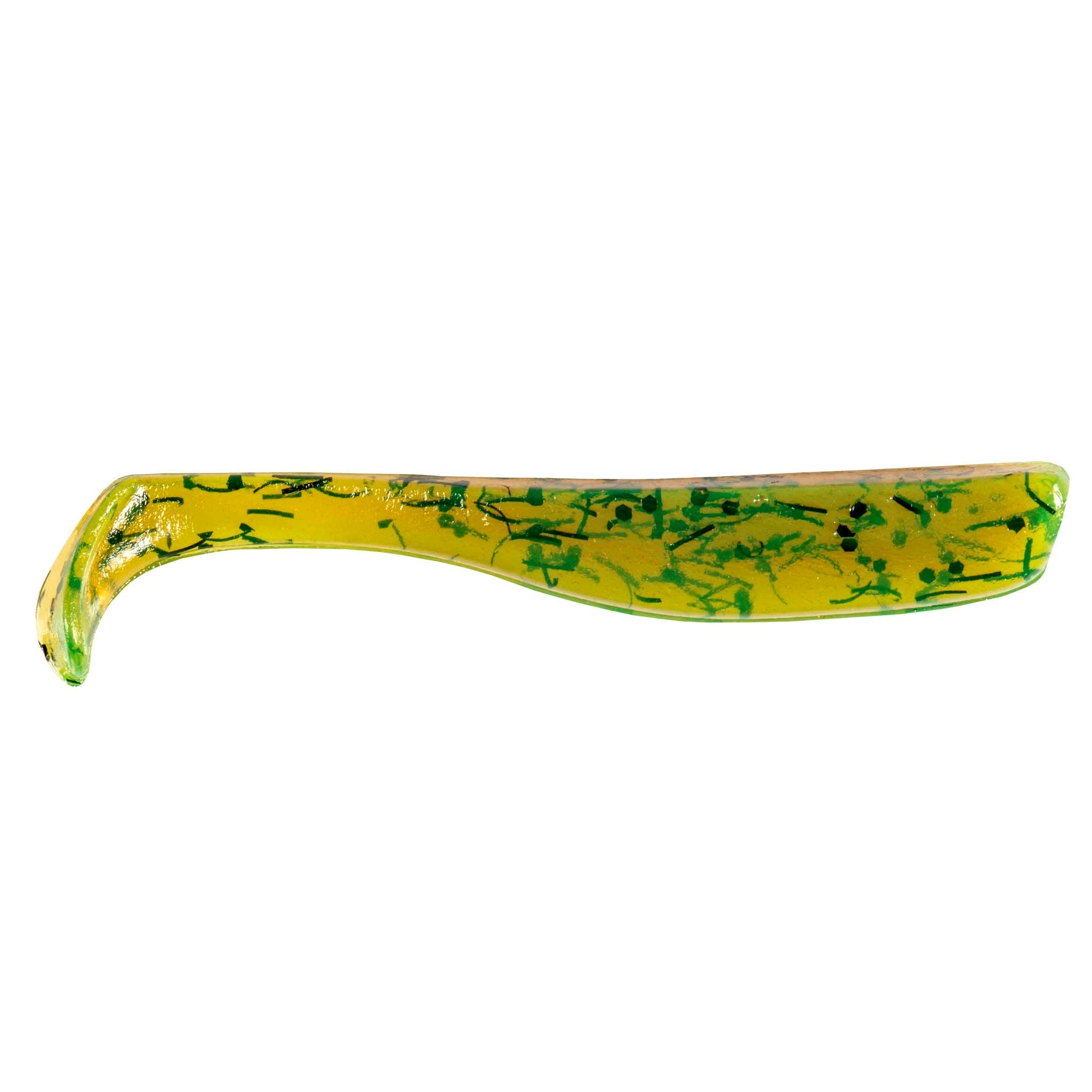 Slim swimbait lure, translucent chartreuse with green marbled speckles