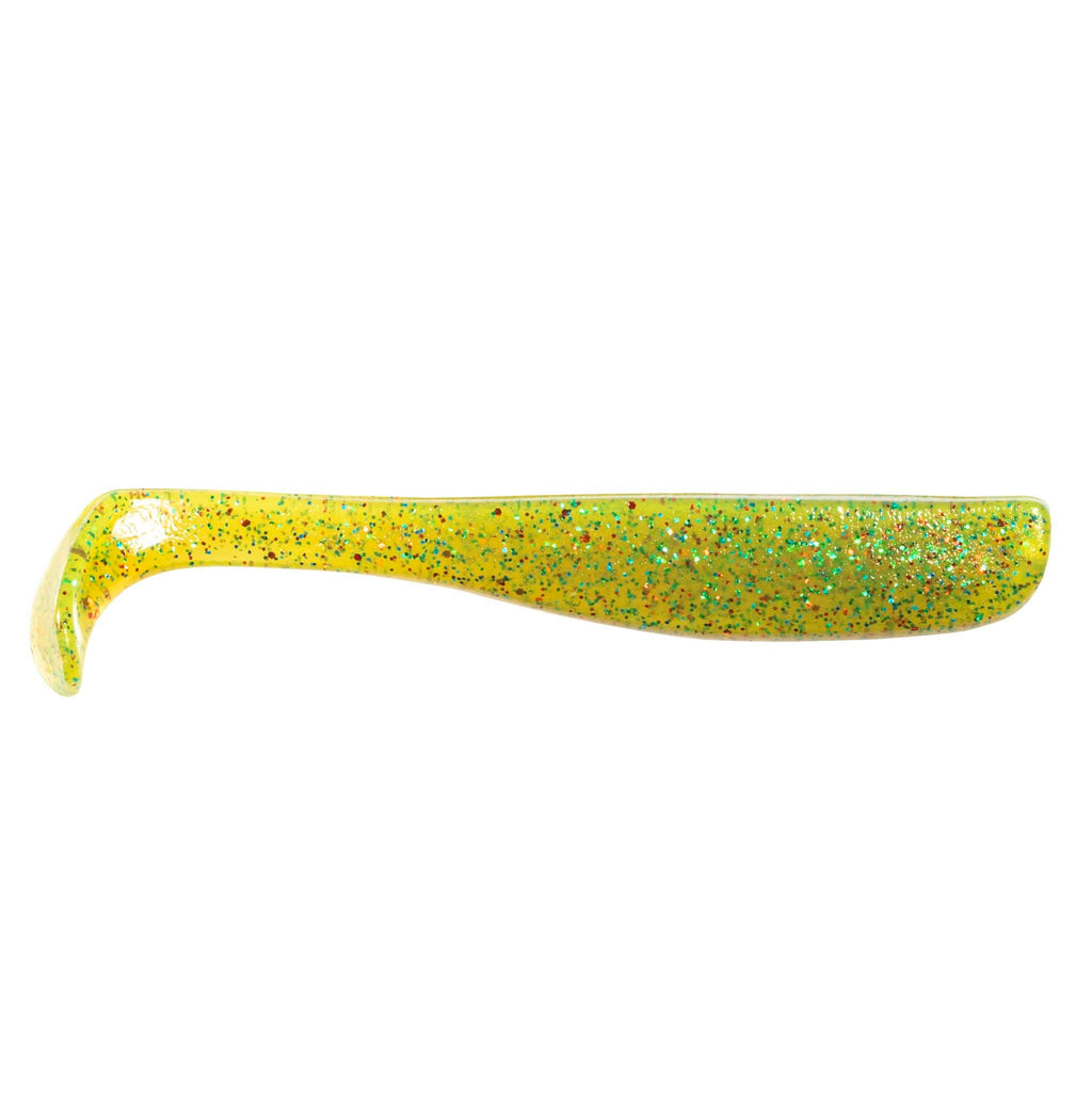 Slim swimbait lure, bright chartreuse with fine gold glitter coating