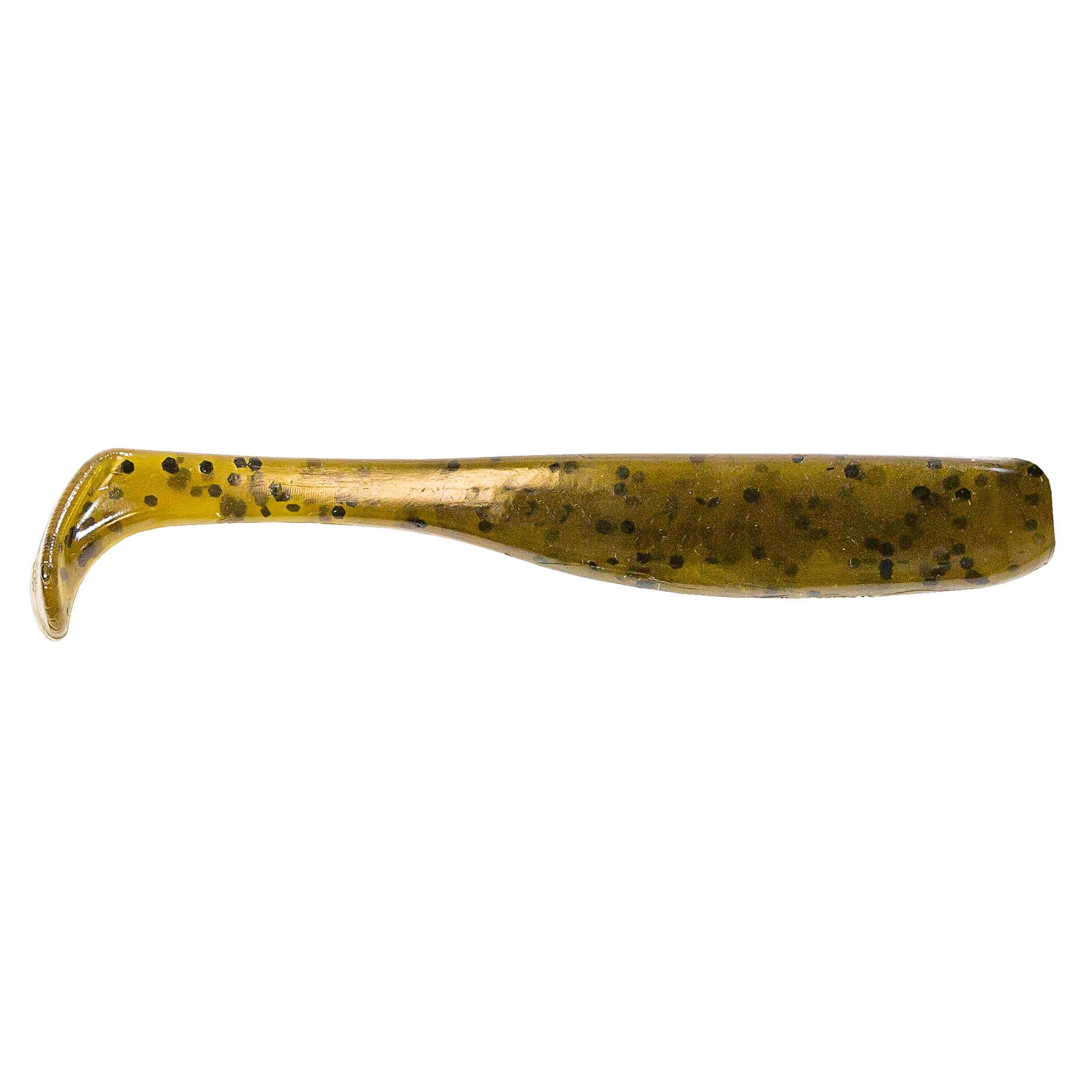 Slim swimbait lure, clear olive-gold with scattered dark speckles